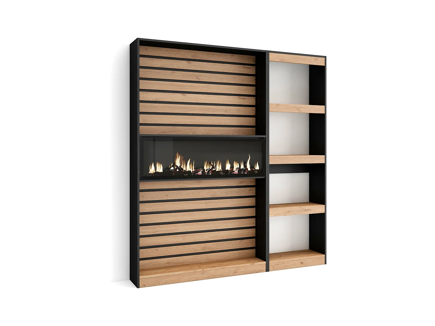 Étagère Bibliothèque, 170x25x186cm, Salon Salle à manger Bureau, Cheminée électrique, Chêne et noir