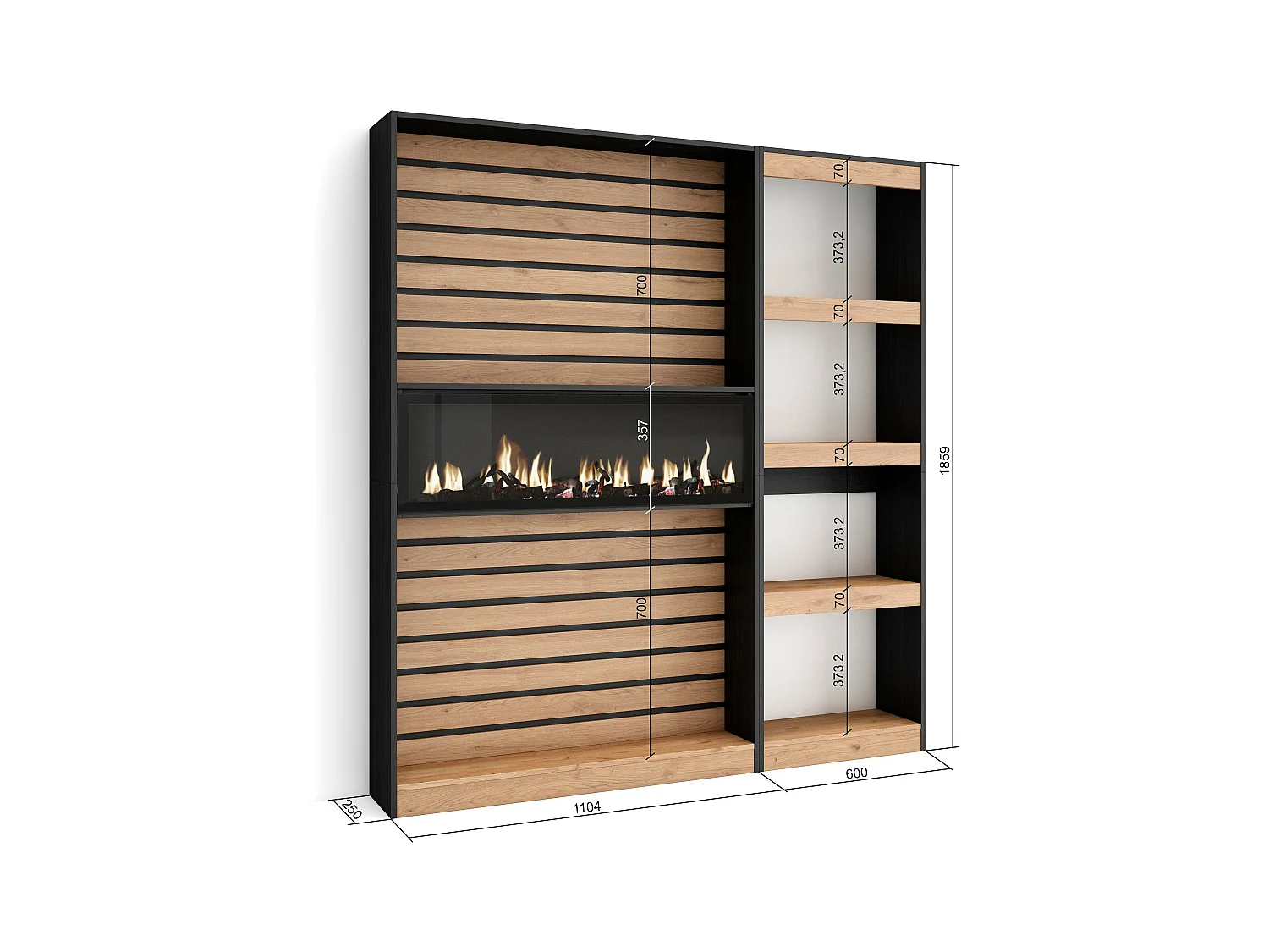 Étagère Bibliothèque, 170x25x186cm, Salon Salle à manger Bureau, Cheminée électrique, Chêne et noir