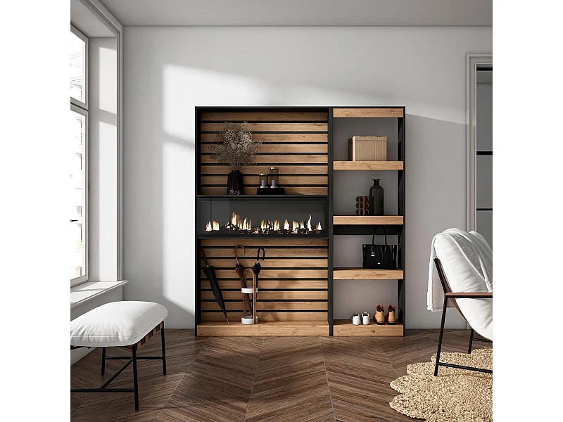 Libreria scaffale, 170x25x186cm, Soggiorno - Ufficio, Camino elettrico, Rovere e nero