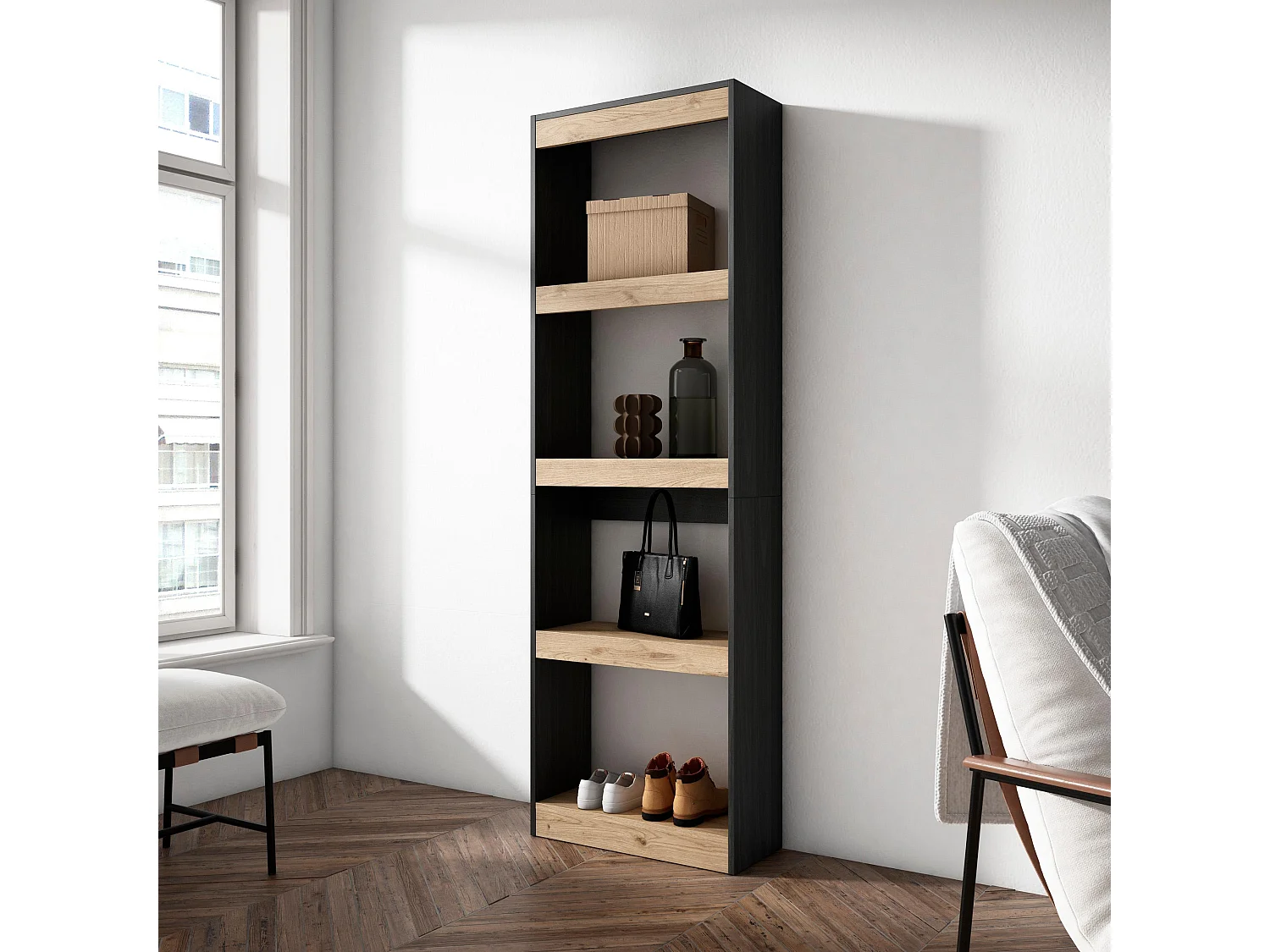 Bücherregal Bibliothek, 60x25x186cm, Wohnzimmer, Esszimmer, Büro, Aufbewahrungsregal, Eiche Schwarz