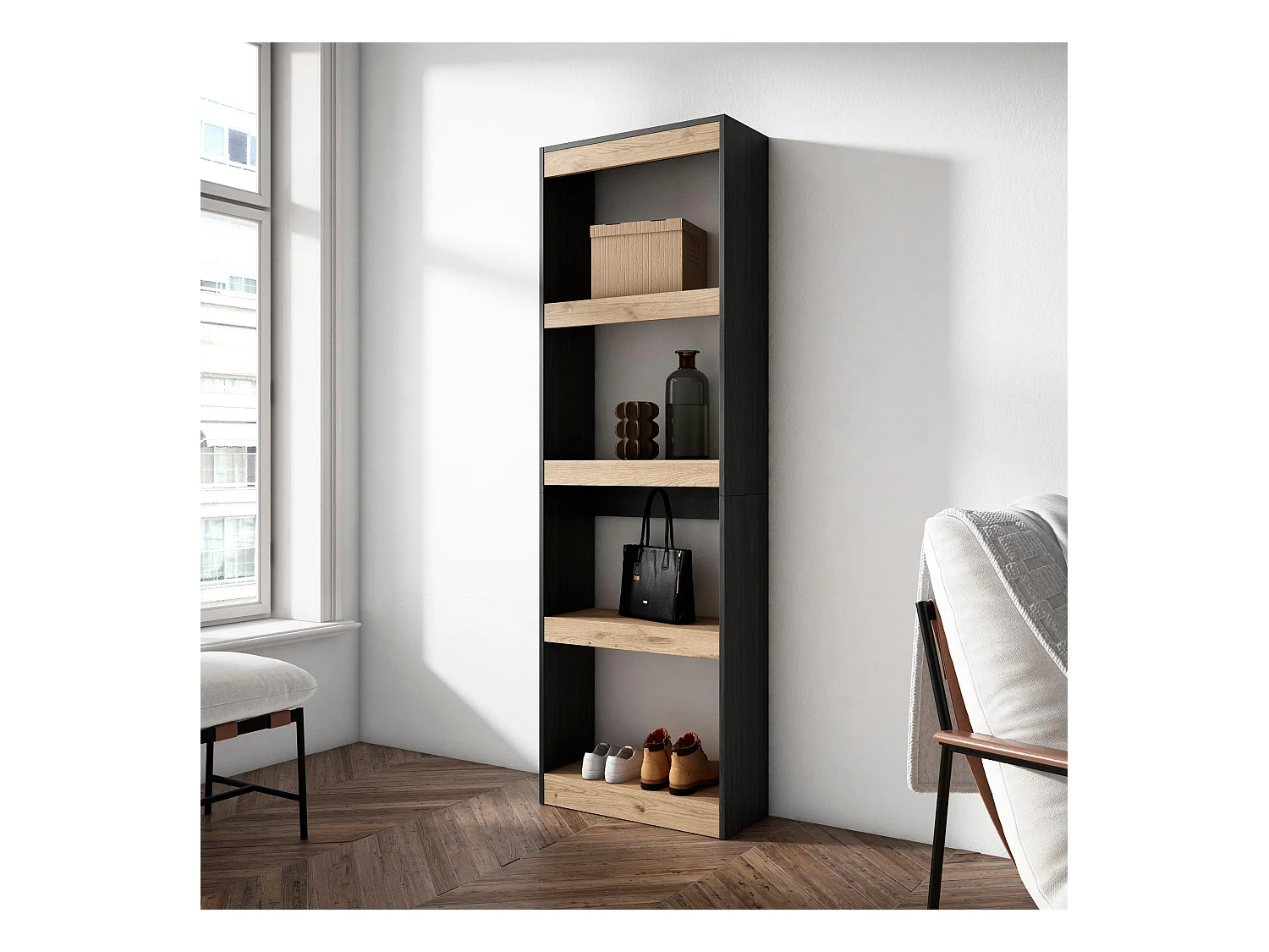 Étagère Bibliothèque, 60x25x186cm, Salon Salle à manger Bureau, Salon, Bureau, Chêne et noir