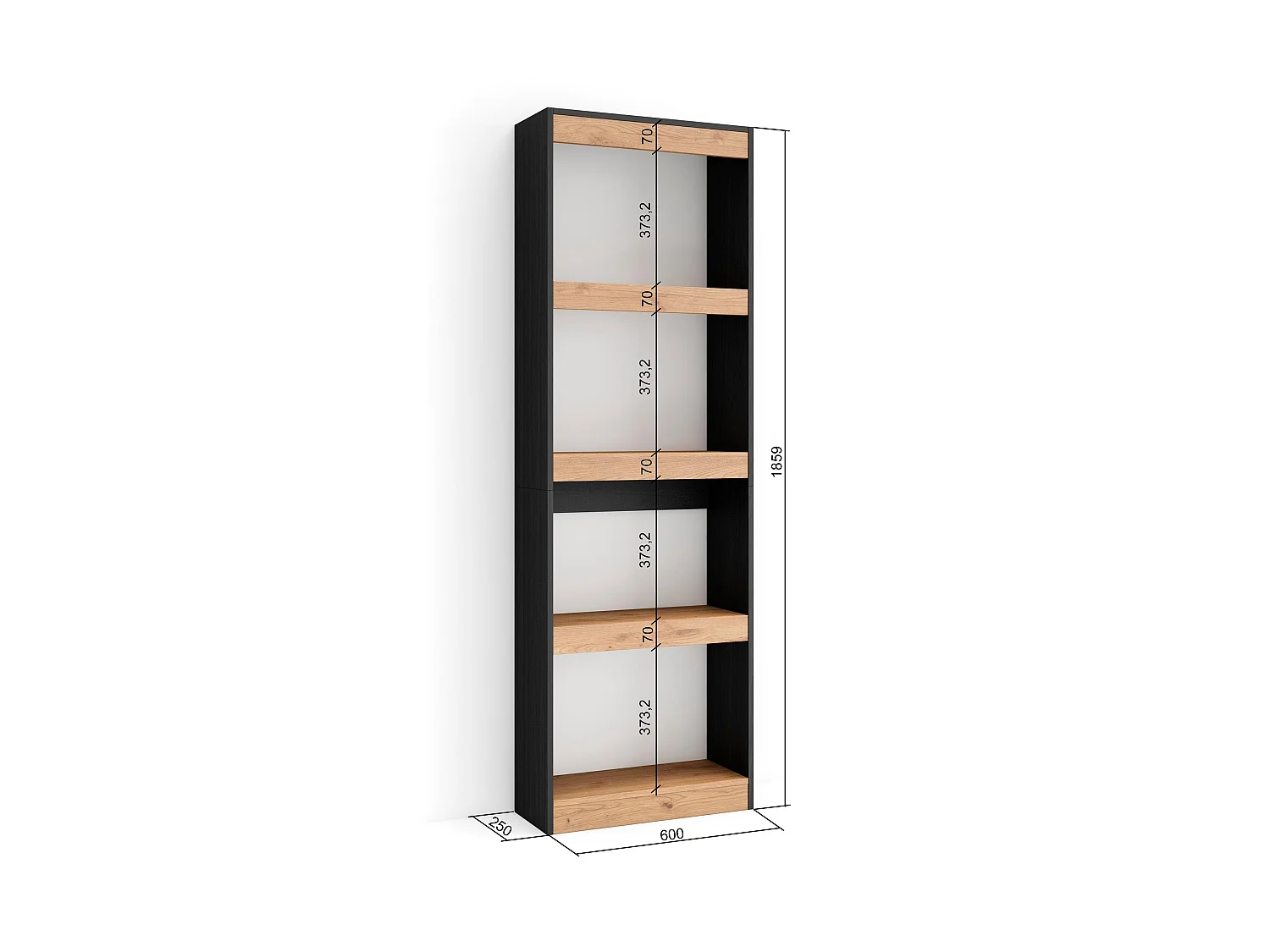 Étagère Bibliothèque, 60x25x186cm, Salon Salle à manger Bureau, Salon, Bureau, Chêne et noir