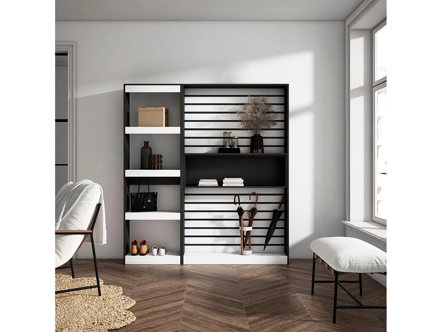 Estantes de prateleiras , 170x186x25cm, Sala de estar - Escritório, Sala de  jantar, Branco e preto