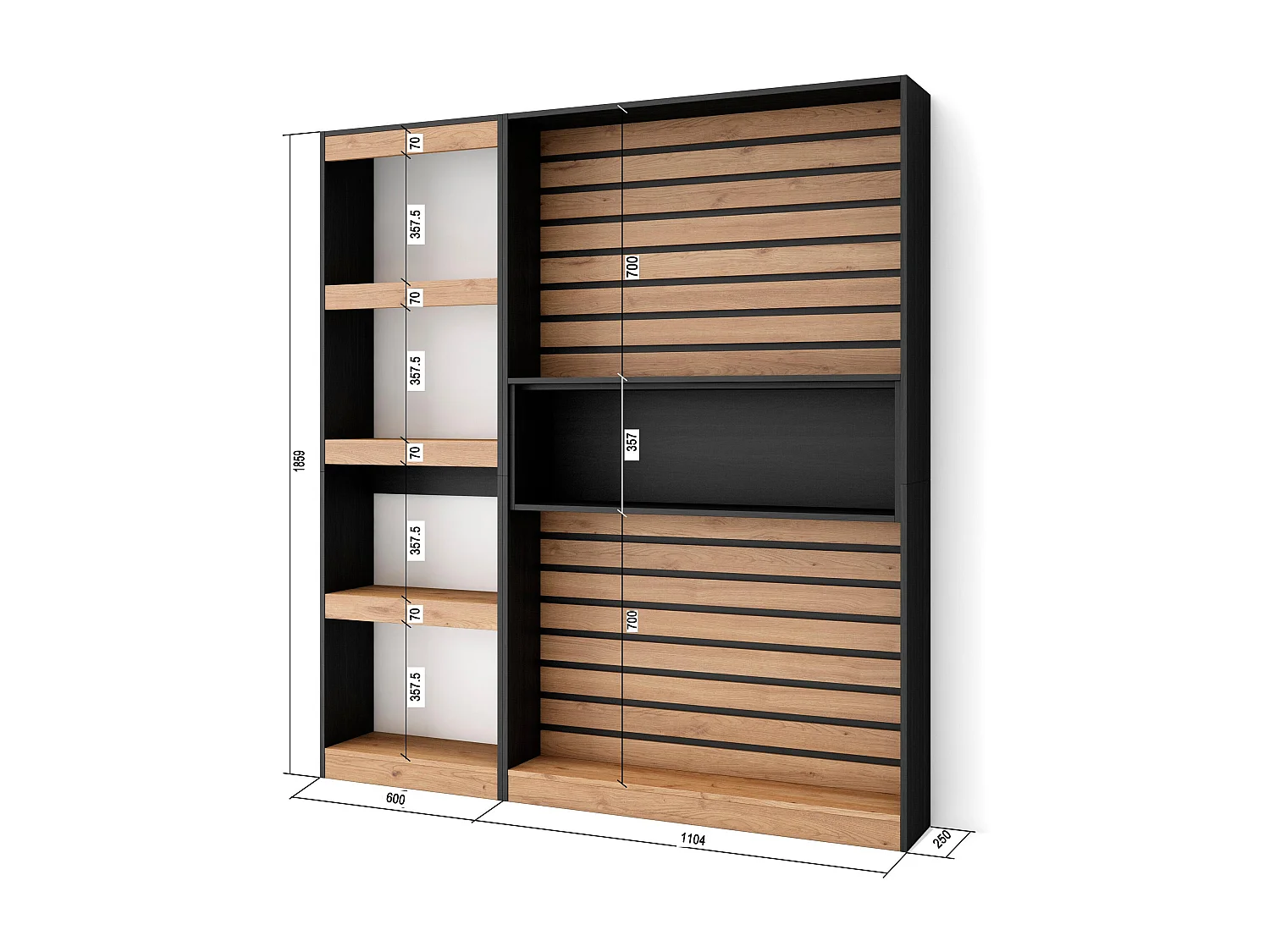 Boekenkast, Boekenplank, 170x25x186cm, Woonkamer, Eetkamer, Bureau, Kantoorplank, Eiken/Zwart