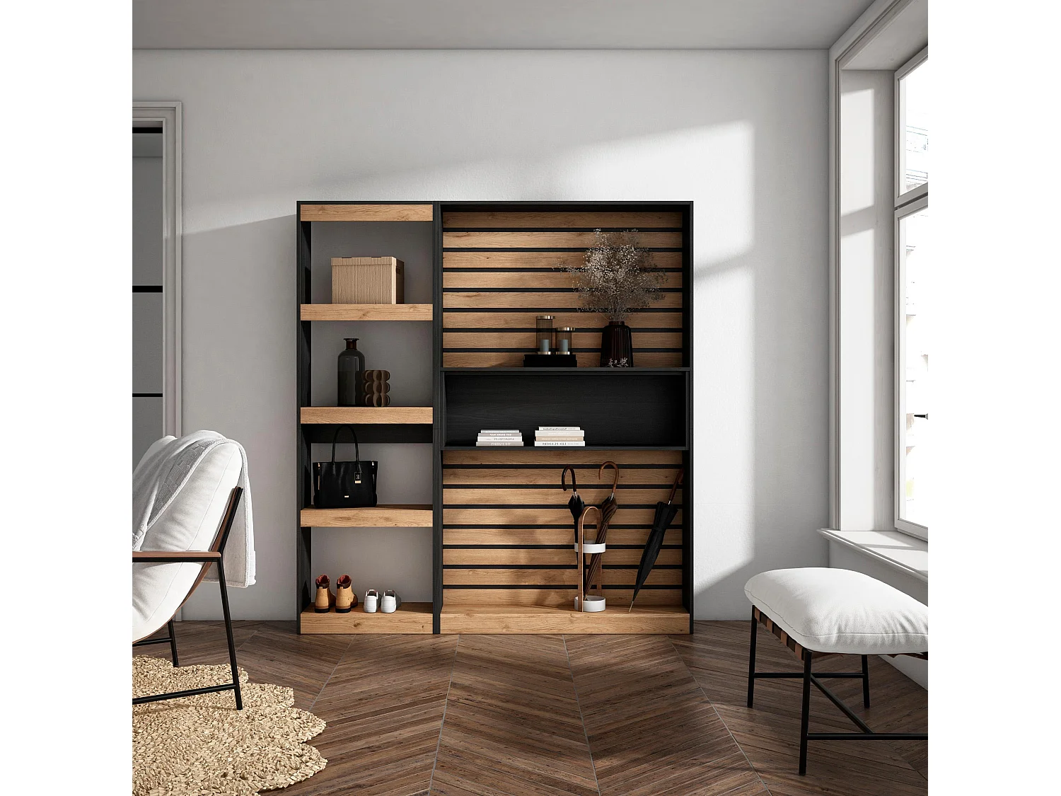 Librería estantería, 170x25x186cm, Salón - Comedor - Oficina, Con Almacenaje, Roble y negro