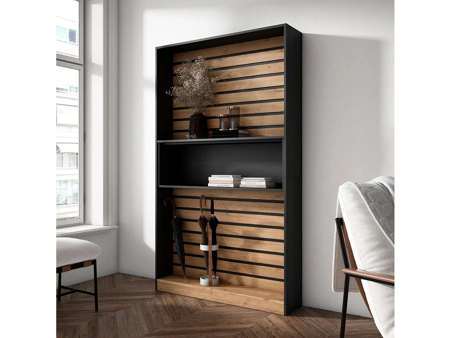 Bücherregal Bibliothek, 110x25x186cm, Wohnzimmer, Esszimmer, Büro, Aufbewahrungsregal, Eiche Schwarz