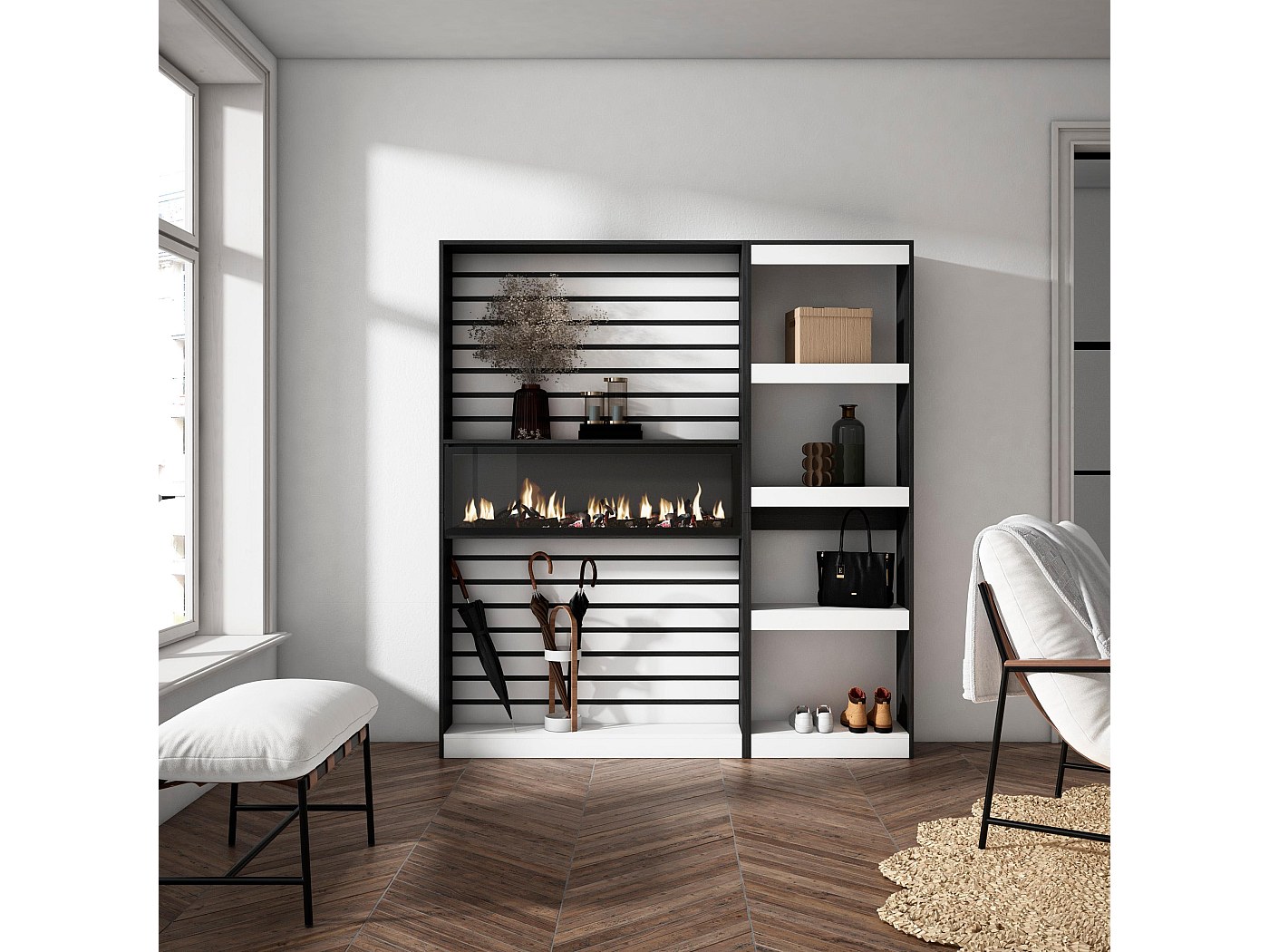 Console Decorativa Camino 107cm Mdf Console Camino Bianco Con Scaffale | Mobile Soggiorno Decorativo Con Archivio Camino Impilabile Bianco MDF