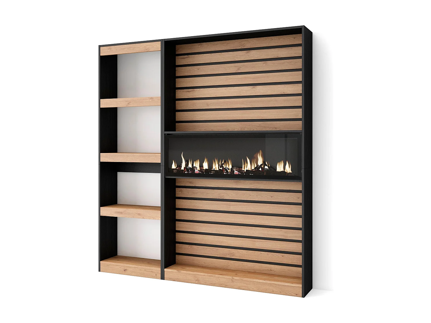 Boekenkast, Boekenplank, 170x25x186cm, Woonkamer, Eetkamer, Bureau, Elektrische haard, Eiken/Zwart