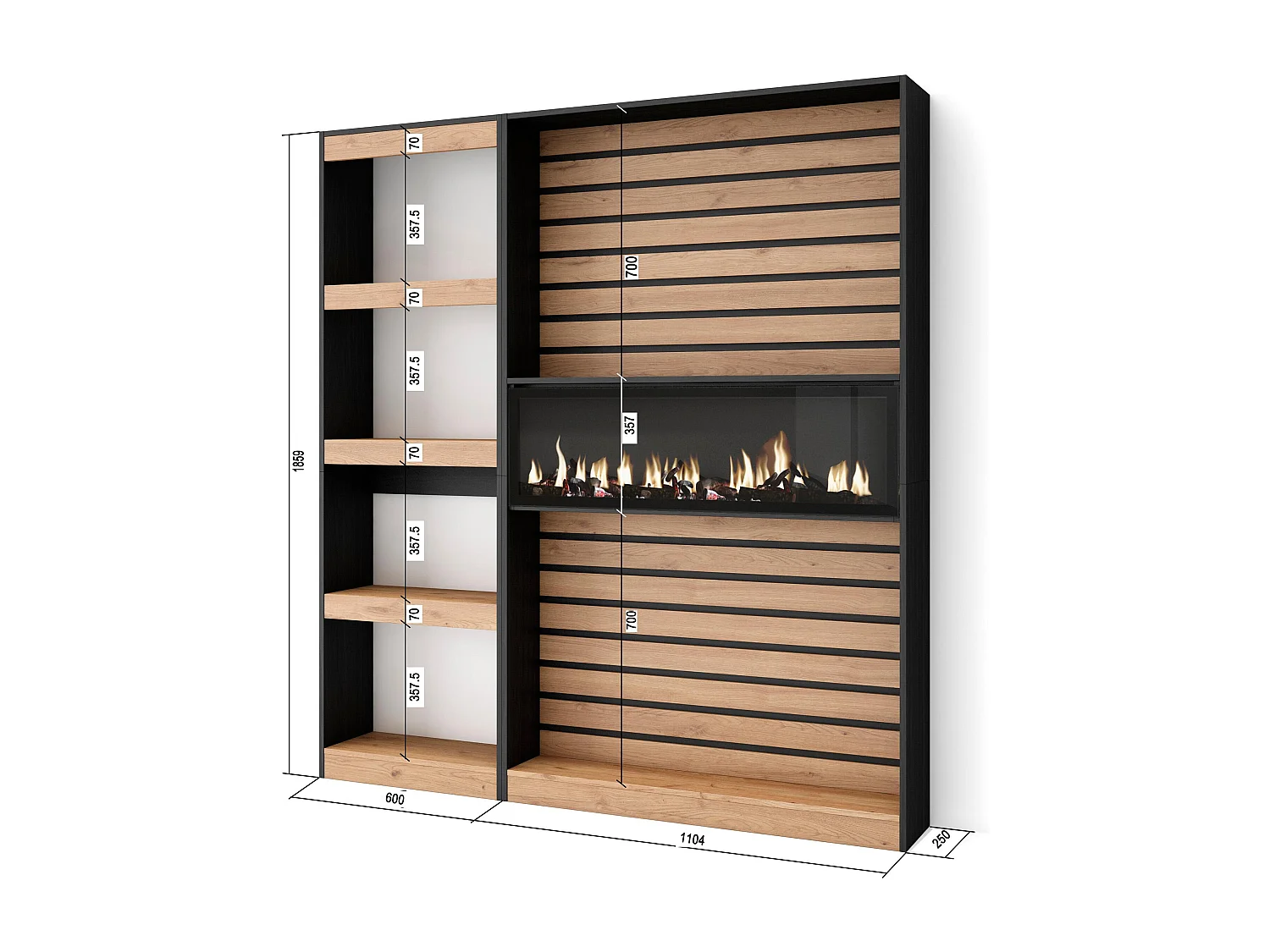 Boekenkast, Boekenplank, 170x25x186cm, Woonkamer, Eetkamer, Bureau, Elektrische haard, Eiken/Zwart