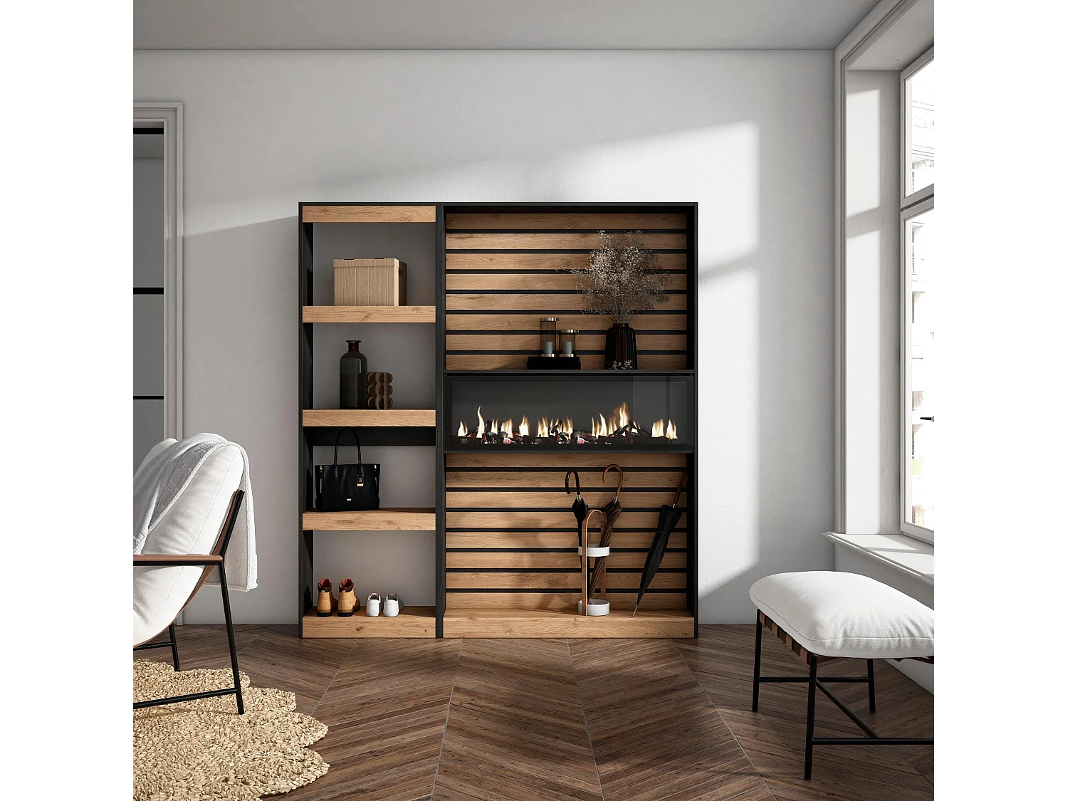 Étagère Bibliothèque, 170x25x186cm, Salon Salle à manger Bureau, Cheminée électrique, Chêne et noir