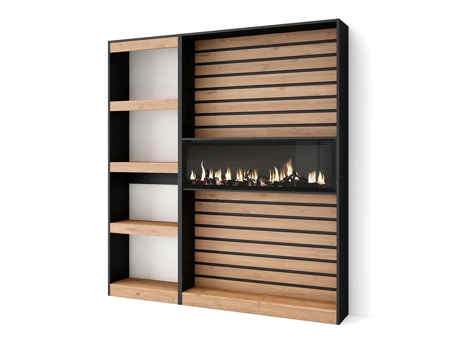 Boekenkast, Boekenplank, 170x25x186cm, Woonkamer, Eetkamer, Bureau, Elektrische haard, Eiken/Zwart