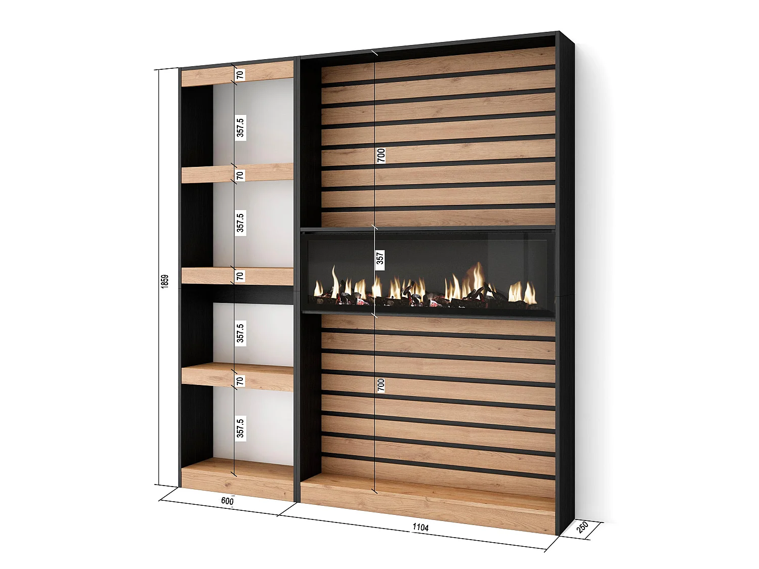 Boekenkast, Boekenplank, 170x25x186cm, Woonkamer, Eetkamer, Bureau, Elektrische haard, Eiken/Zwart