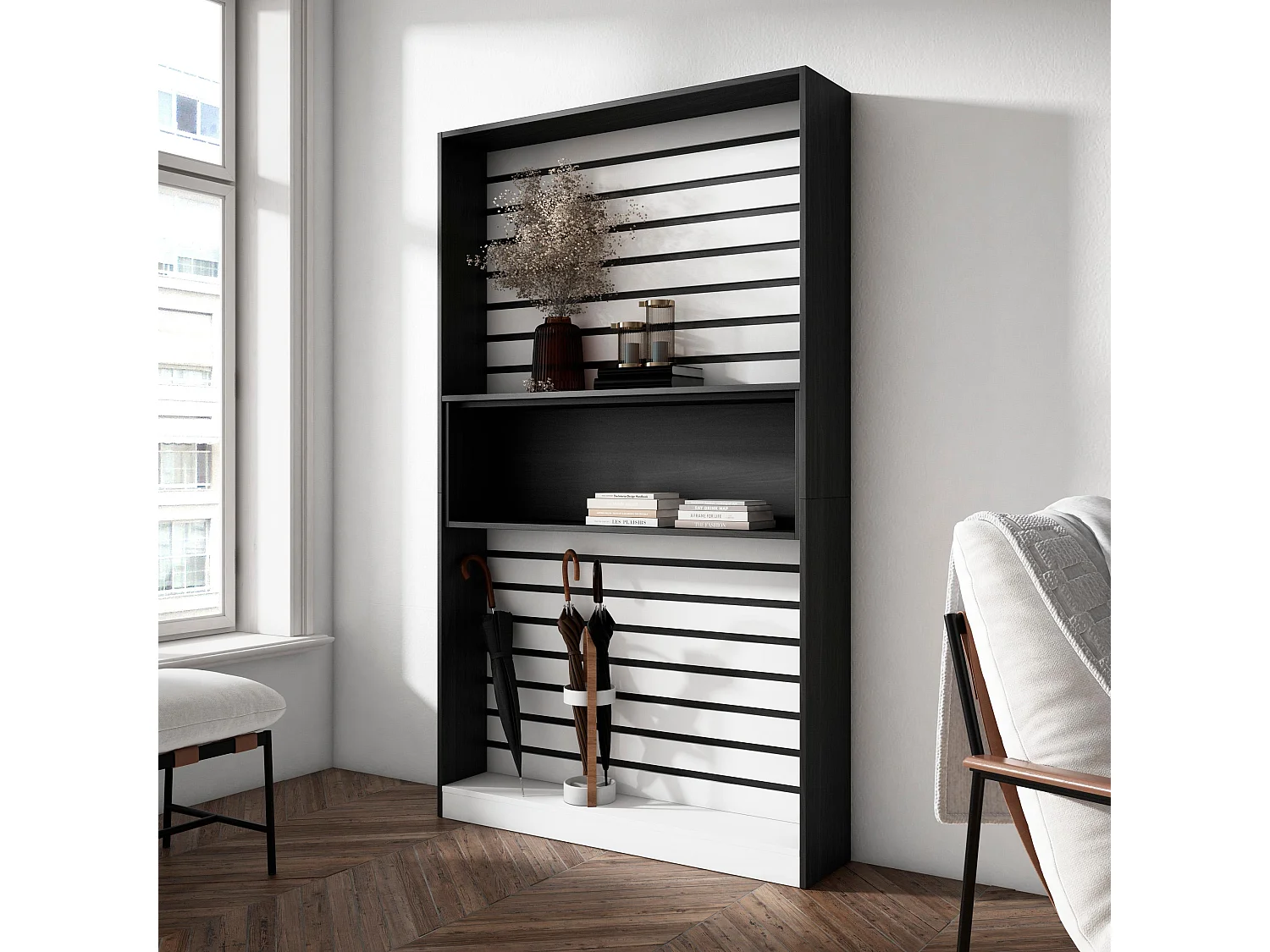 Bücherregal Bibliothek, 110x25x186cm, Wohnzimmer, Esszimmer, Büro, Aufbewahrungsregal, Weiß und Schwarz