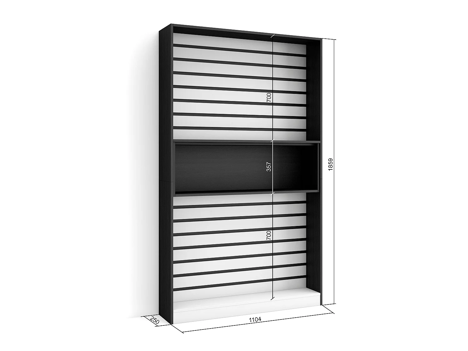 Bücherregal Bibliothek, 110x25x186cm, Wohnzimmer, Esszimmer, Büro, Aufbewahrungsregal, Weiß und Schwarz