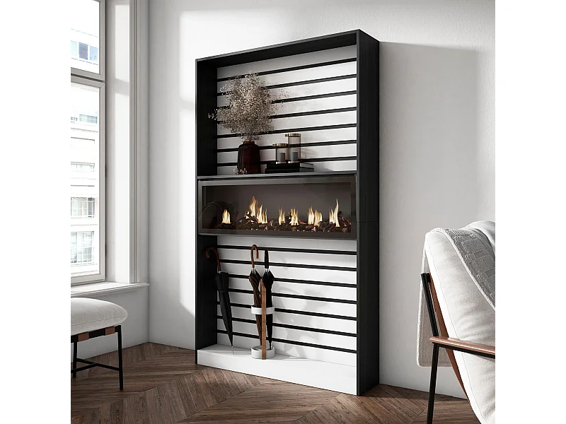 Boekenkast, Boekenplank, 110x25x186cm, Woonkamer, Eetkamer, Bureau, Elektrische haard, Wit en Zwart