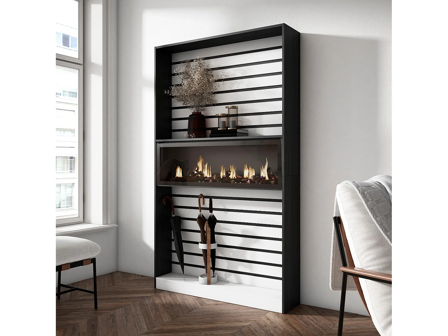 Boekenkast, Boekenplank, 110x25x186cm, Woonkamer, Eetkamer, Bureau, Elektrische haard, Wit en Zwart