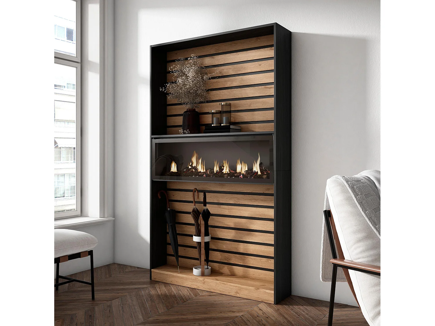 Boekenkast, Boekenplank, 110x25x186cm, Woonkamer, Eetkamer, Bureau, Elektrische haard, Eiken/Zwart