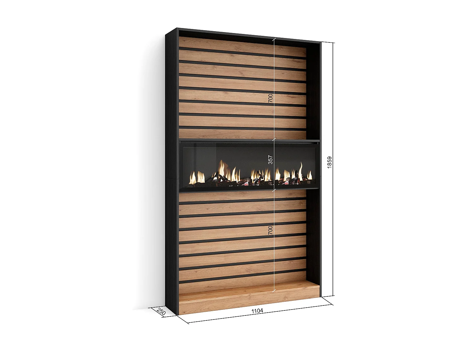 Boekenkast, Boekenplank, 110x25x186cm, Woonkamer, Eetkamer, Bureau, Elektrische haard, Eiken/Zwart