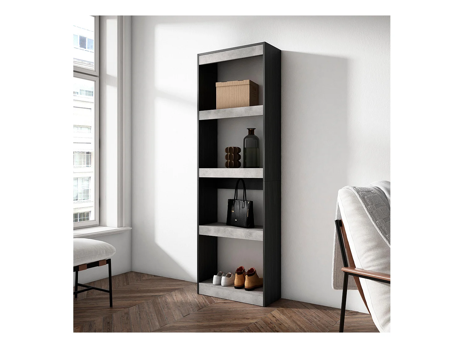 Étagère Bibliothèque, 60x25x186cm, Salon Salle à manger Bureau, Salon, Bureau, Ciment