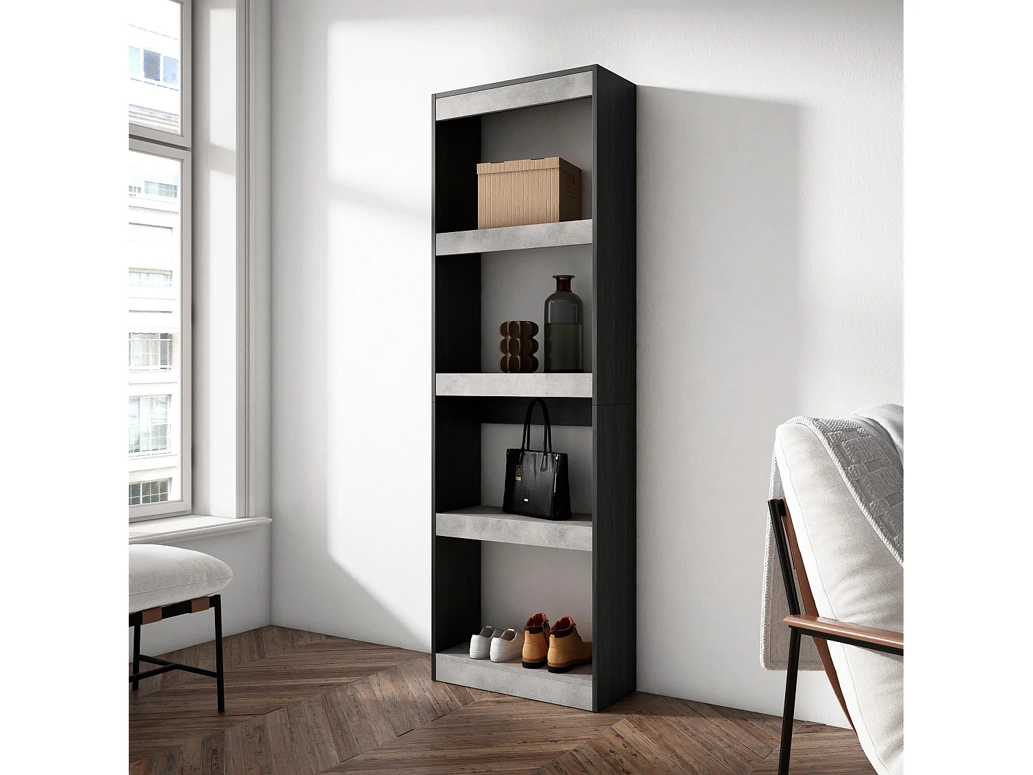 Boekenkast, Boekenplank, 60x25x186cm, Woonkamer, Eetkamer, Bureau, Kantoorplank, Cement