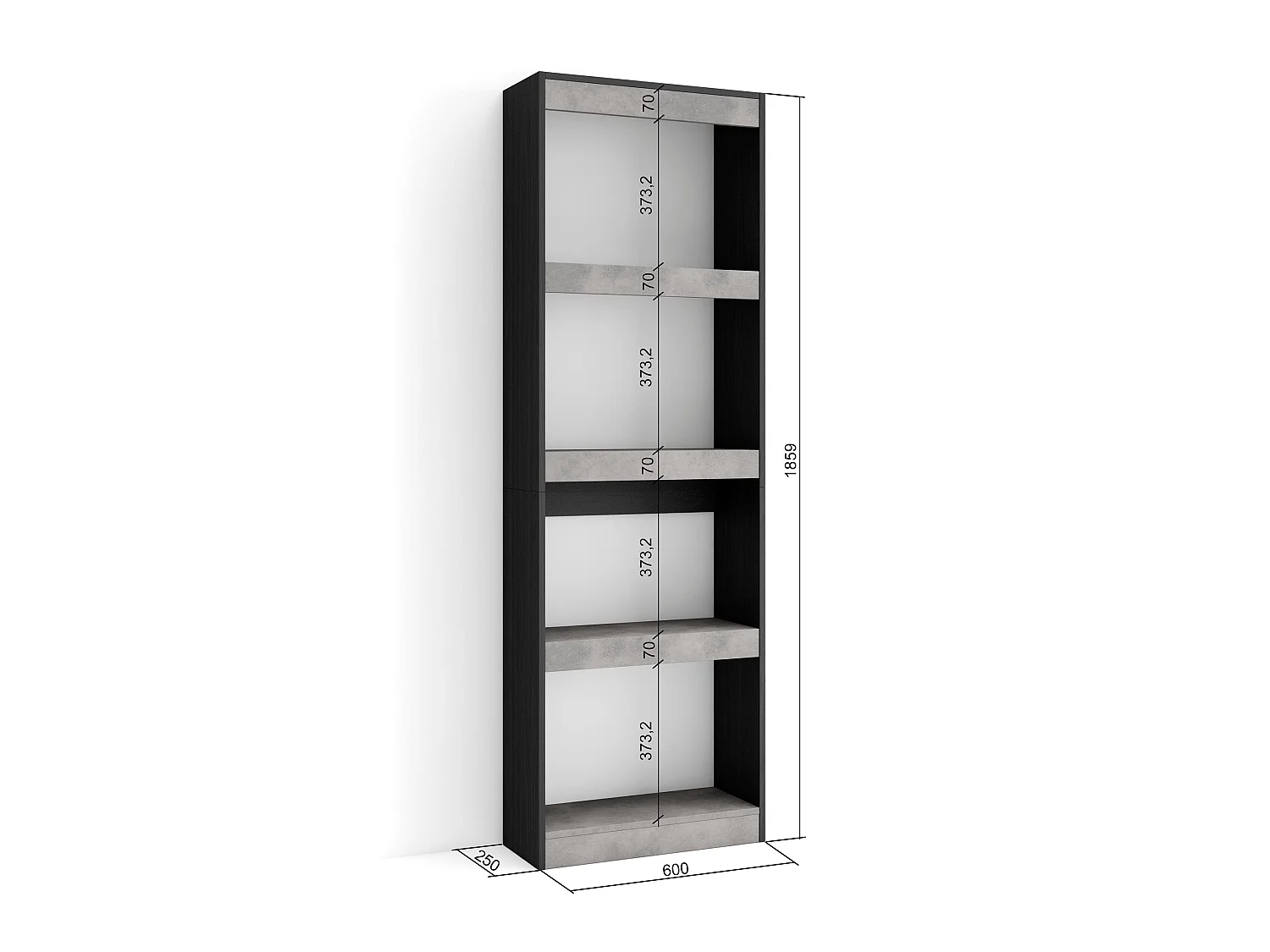 Boekenkast, Boekenplank, 60x25x186cm, Woonkamer, Eetkamer, Bureau, Kantoorplank, Cement