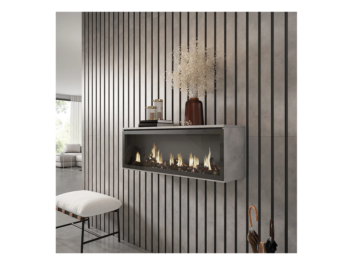 Cheminée électrique LED, 107x25x38cm, Salon - Salle à manger, Cheminée électrique, Ciment