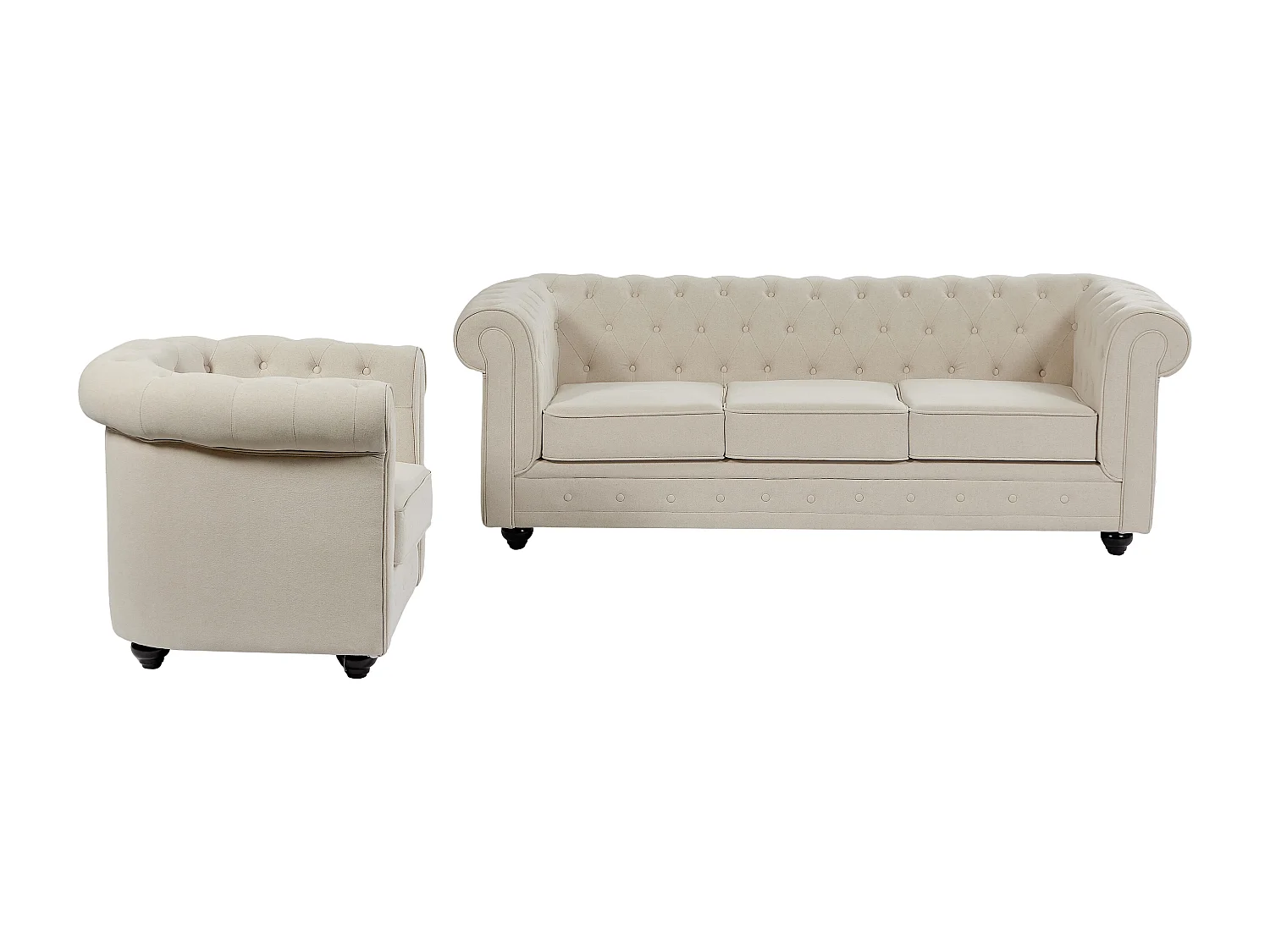 Canapé 3 places et fauteuil en tissu beige CHESTERFIELD