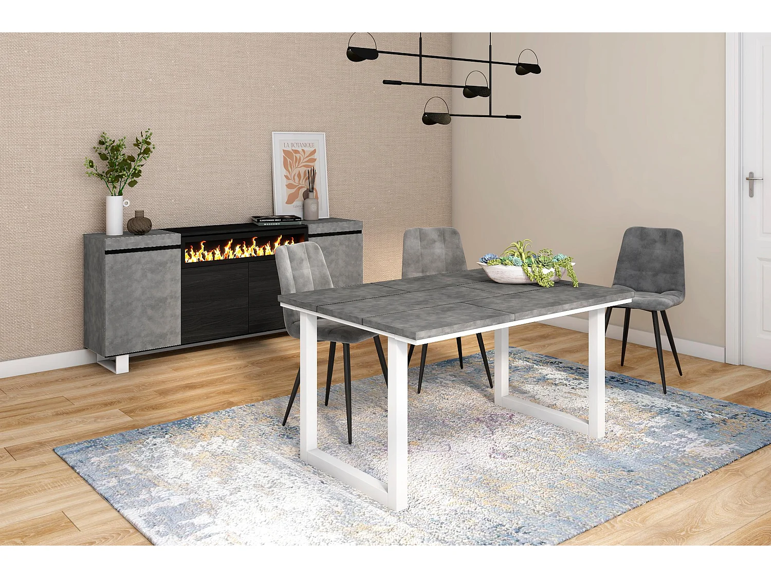 Eettafel, 140x90x75cm, Voor 6 personen, Massief houten poten, Cement