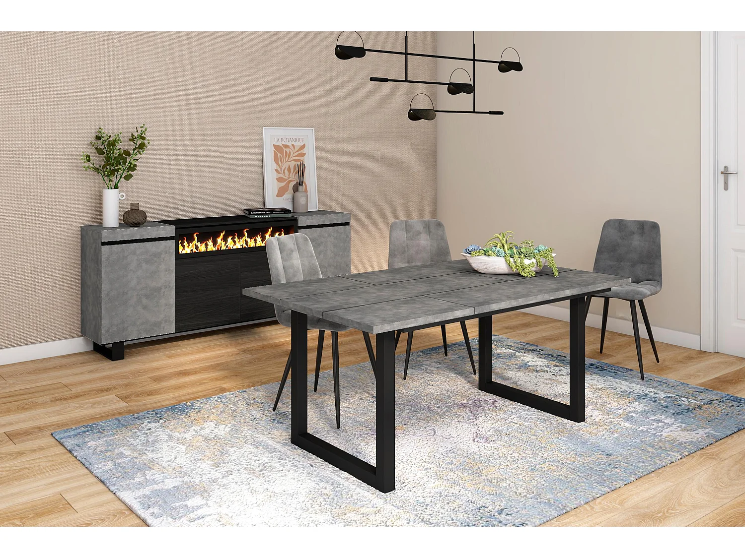 Eettafel, 170, Voor 8 personen, Massief houten poten, Cement