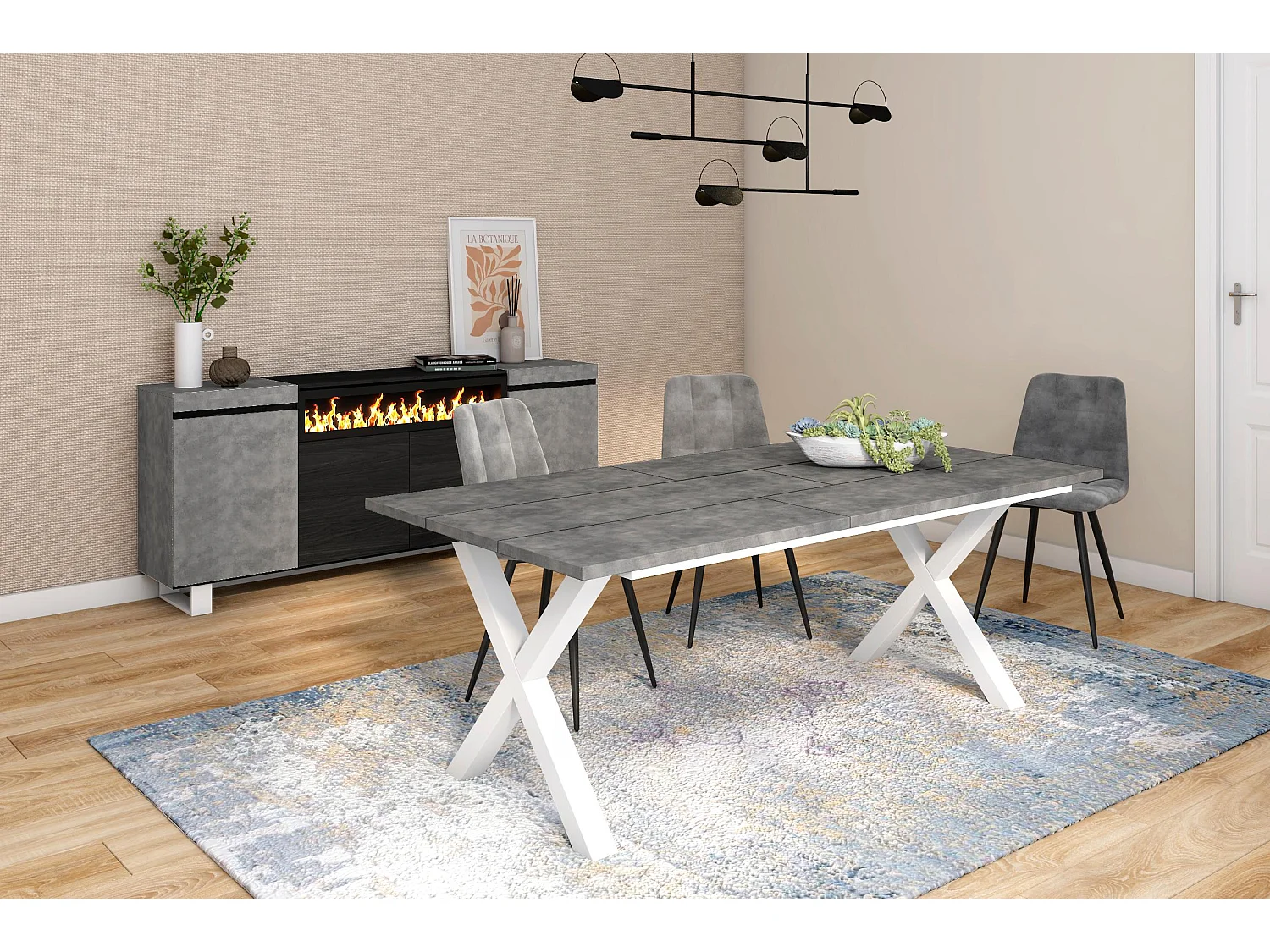 Eettafel, 200, Voor 10 personen, Massief houten poten, Cement