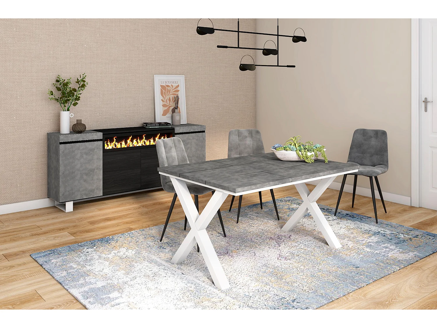 Table à manger, 140x90x75cm, Pour 6 personnes, Pieds bois massif, Ciment