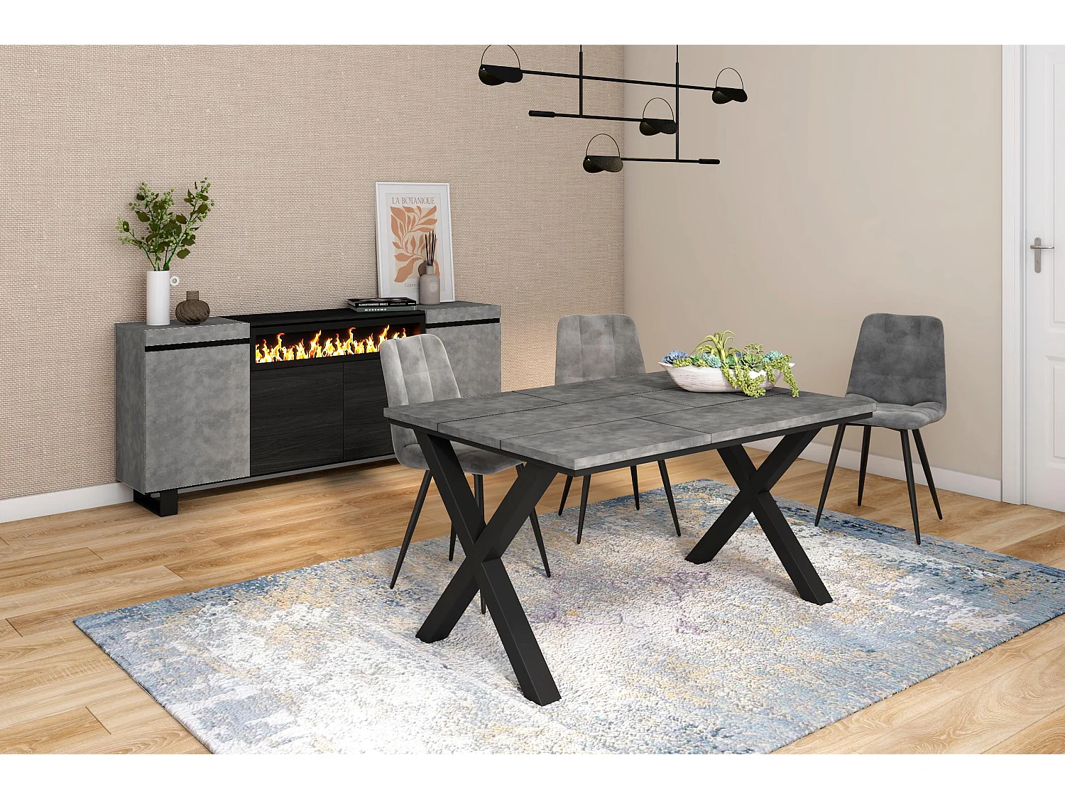 Table à manger, 140x90x75cm, Pour 6 personnes, Pieds bois massif, Ciment