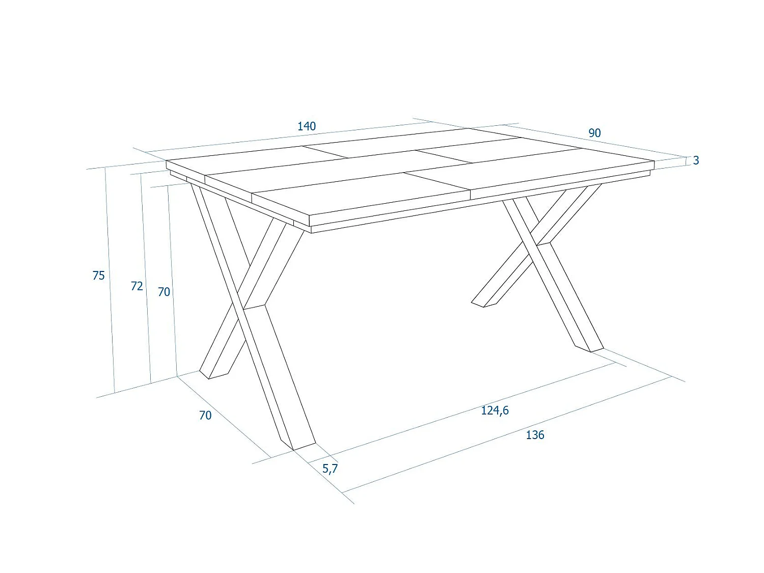 Table à manger, 140x90x75cm, Pour 6 personnes, Pieds bois massif, Ciment