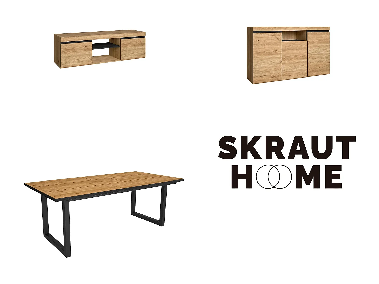 Woonkamermeubelset, Tafel 200 Front Zwart Tafelpoten U 10 gasten, TV Kast140, Sideboard / Buffetkast 140, Eiken, Zwart, Industriële