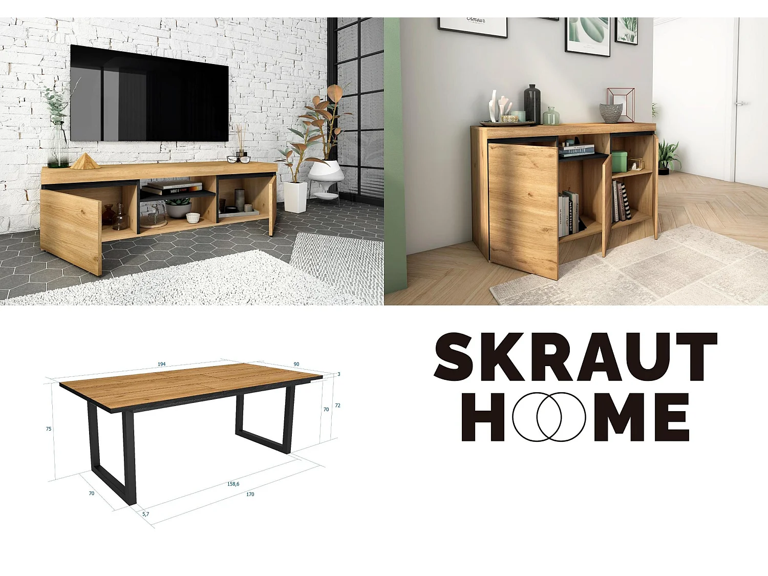 Woonkamermeubelset, Tafel 200 Front Zwart Tafelpoten U 10 gasten, TV Kast140, Sideboard / Buffetkast 140, Eiken, Zwart, Industriële