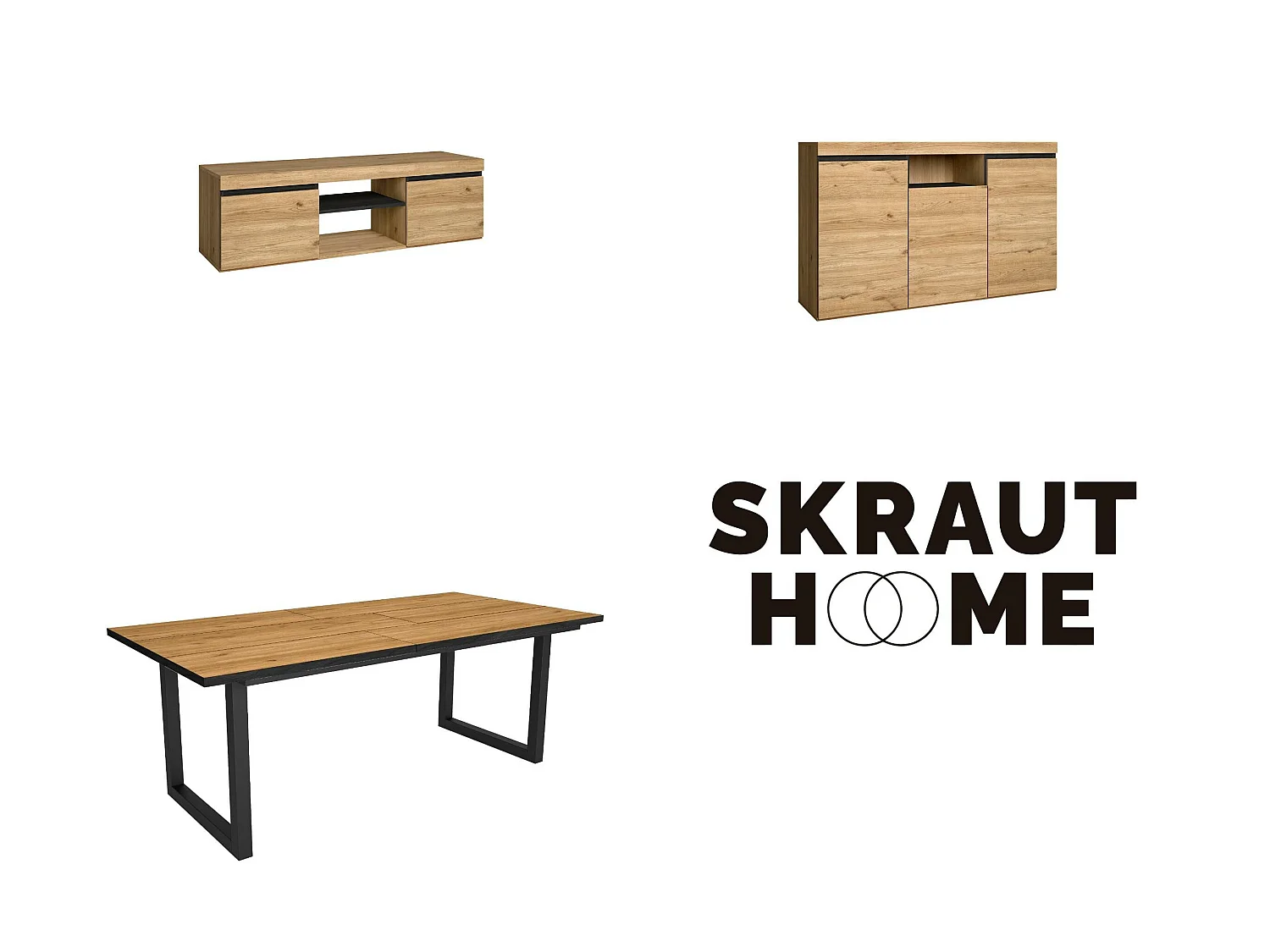 Woonkamermeubelset, Tafel 200 Front Zwart Tafelpoten U 10 gasten, TV Kast140, Sideboard / Buffetkast 140, Eiken, Zwart, Industriële