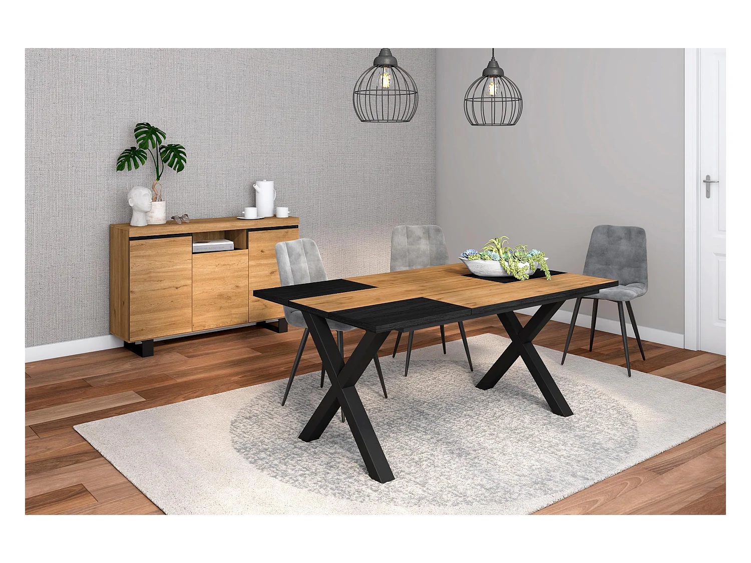 Ensemble de meubles de salon, Table 170 Bicolore pieds X 8 convives, Crédence / Buffet 140 Tall, Chêne et Noir, Style Industriel