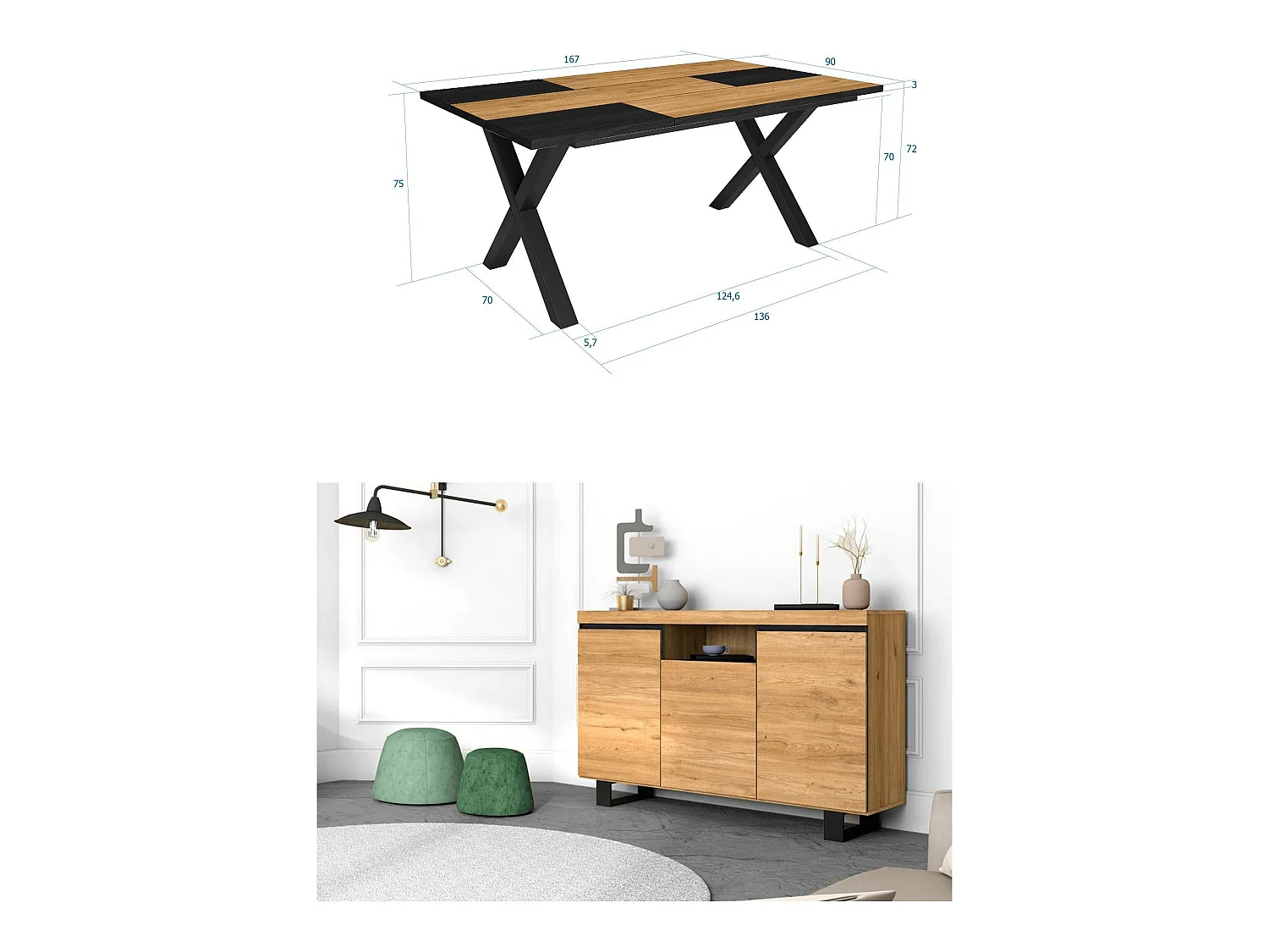 Ensemble de meubles de salon, Table 170 Bicolore pieds X 8 convives, Crédence / Buffet 140 Tall, Chêne et Noir, Style Industriel