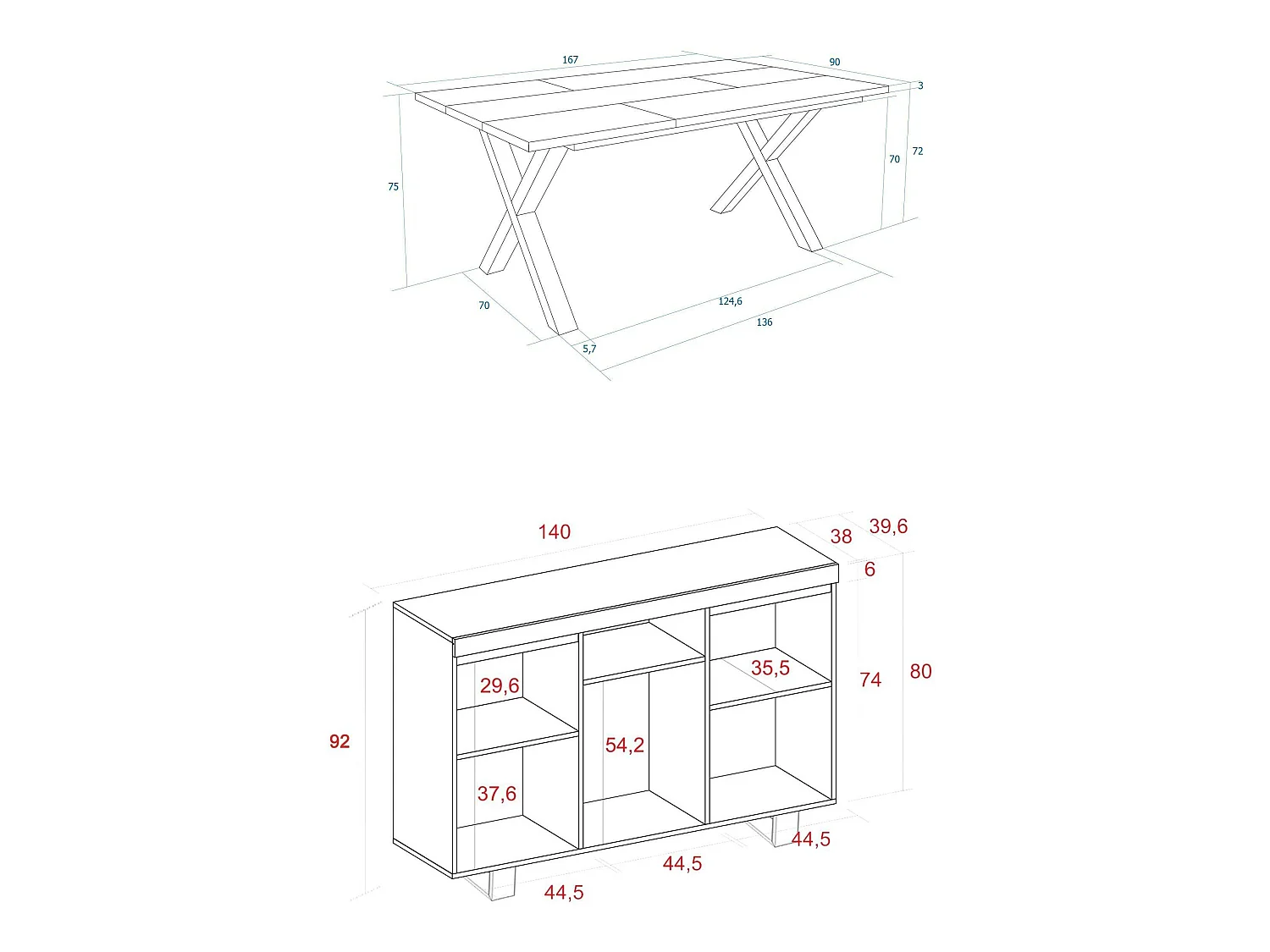 Ensemble de meubles de salon, Table 170 Bicolore pieds X 8 convives, Crédence / Buffet 140 Tall, Chêne et Noir, Style Industriel