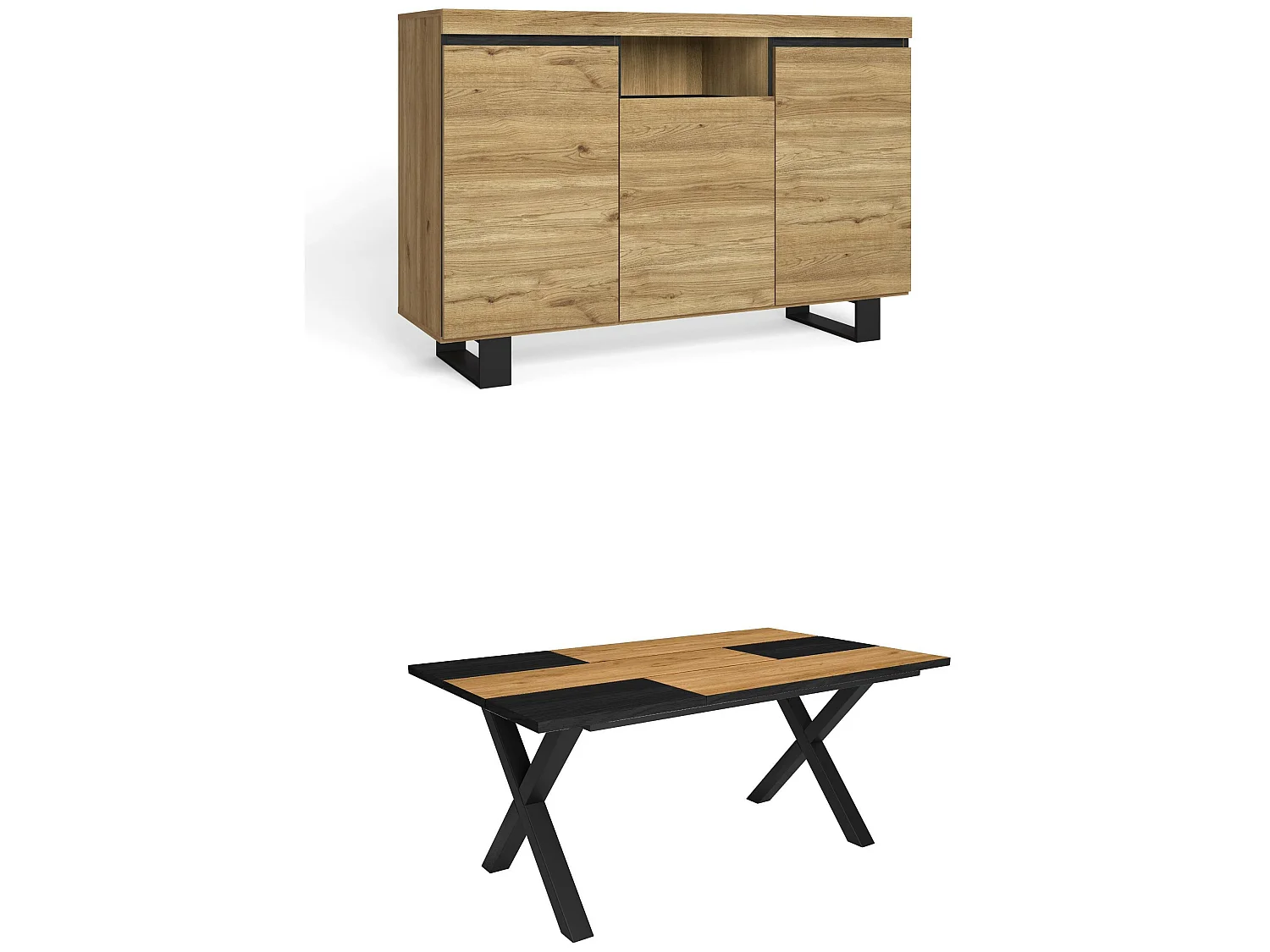 Set di mobili per il soggiorno, Tavolo 170 Bicolore piedi X 8 commensali, Madia / Credenza 140 Tall, Rovere e Nero, Industriale