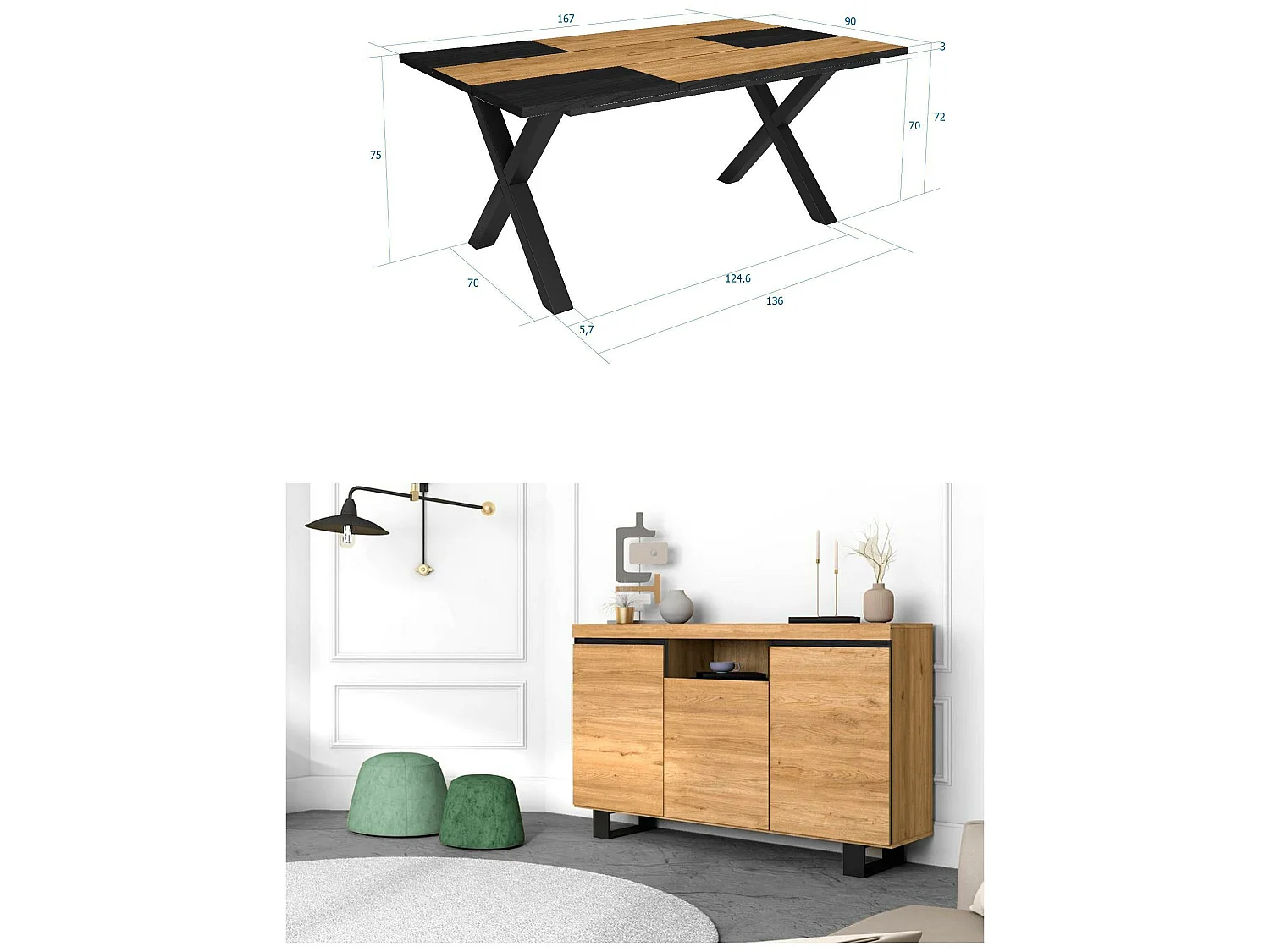 Set di mobili per il soggiorno, Tavolo 170 Bicolore piedi X 8 commensali, Madia / Credenza 140 Tall, Rovere e Nero, Industriale