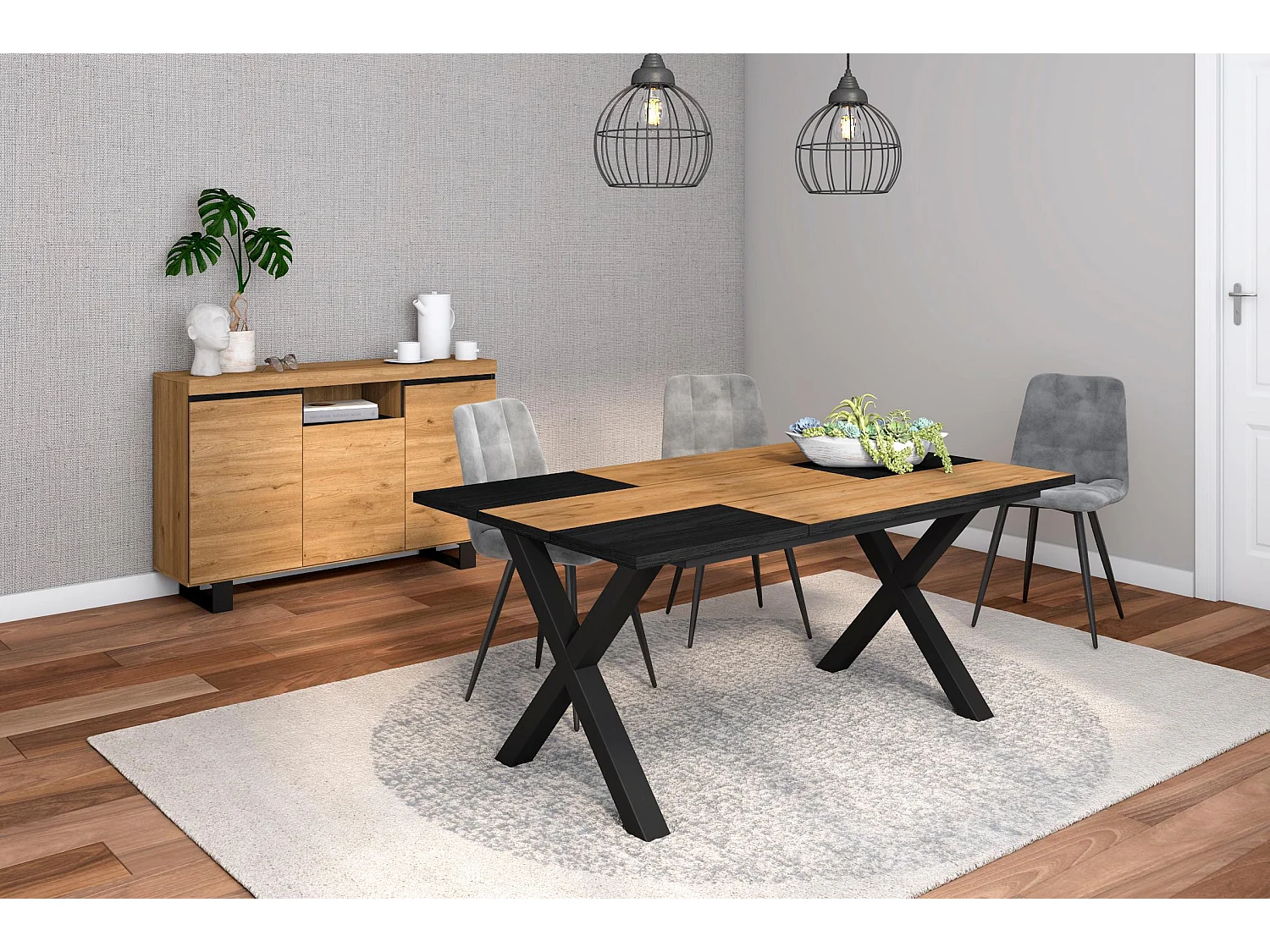 Ensemble de meubles de salon, Table 170 Bicolore pieds X 8 convives, Crédence / Buffet 140 Tall, Chêne et Noir, Style Industriel