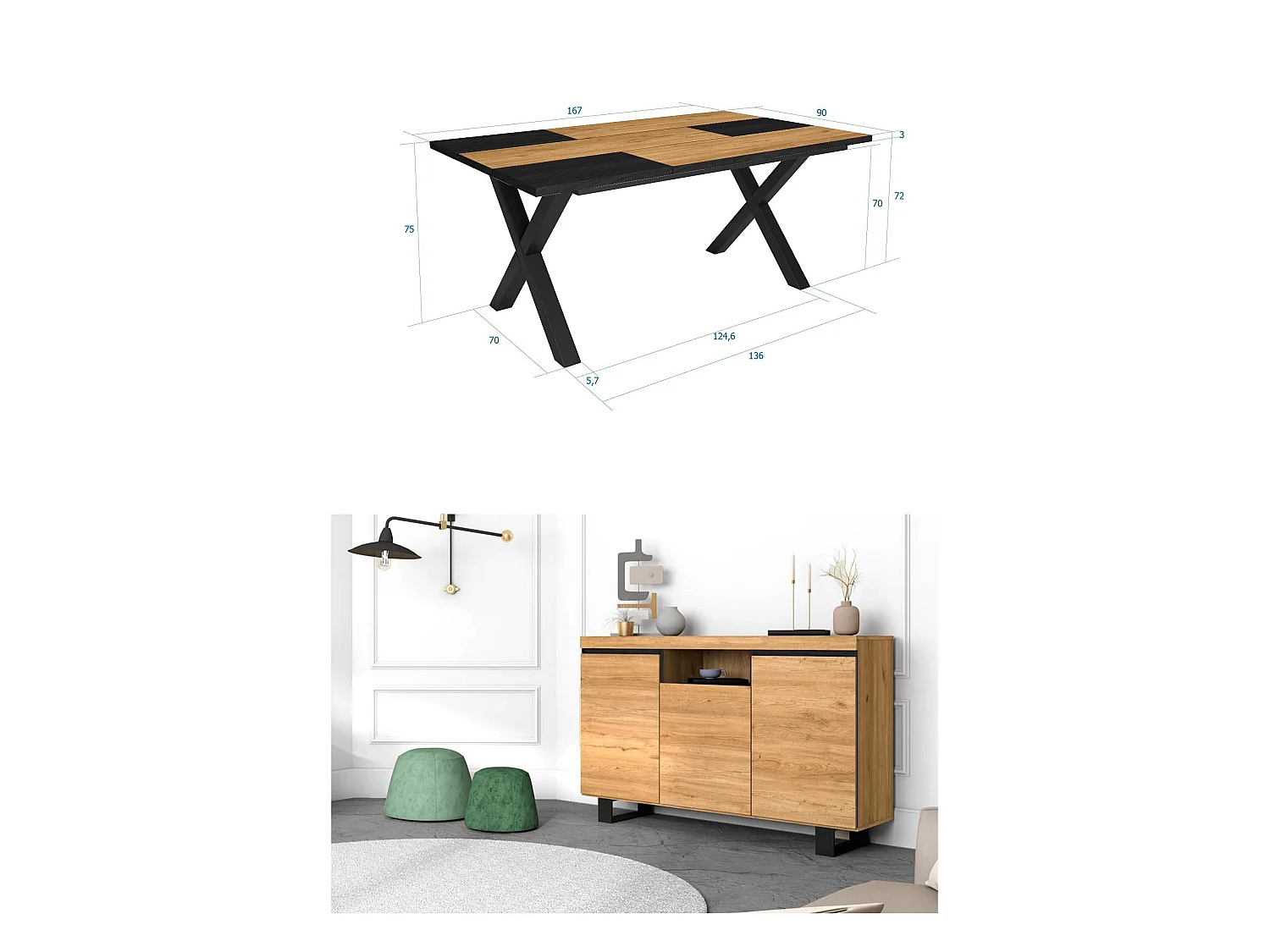 Ensemble de meubles de salon, Table 170 Bicolore pieds X 8 convives, Crédence / Buffet 140 Tall, Chêne et Noir, Style Industriel