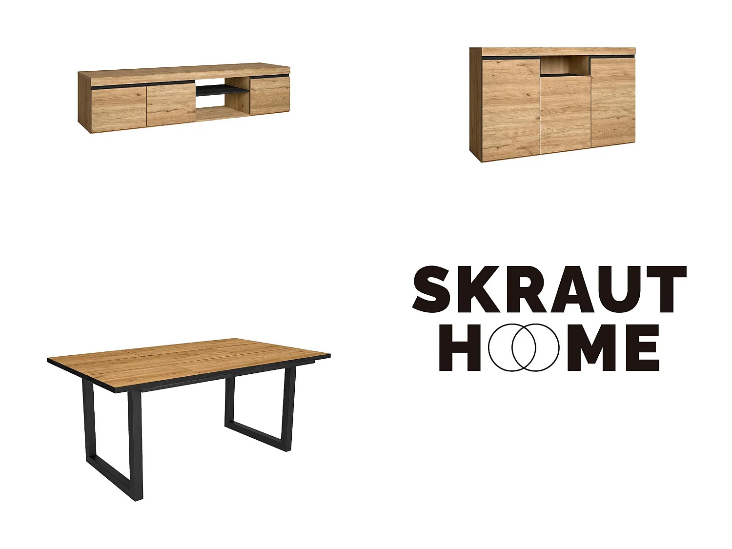 Ensemble de meubles de salon, Table 170 Front Noir pieds U 8 convives, Meuble TV160, Crédence / Buffet 140, Chêne, Noir, Industriel