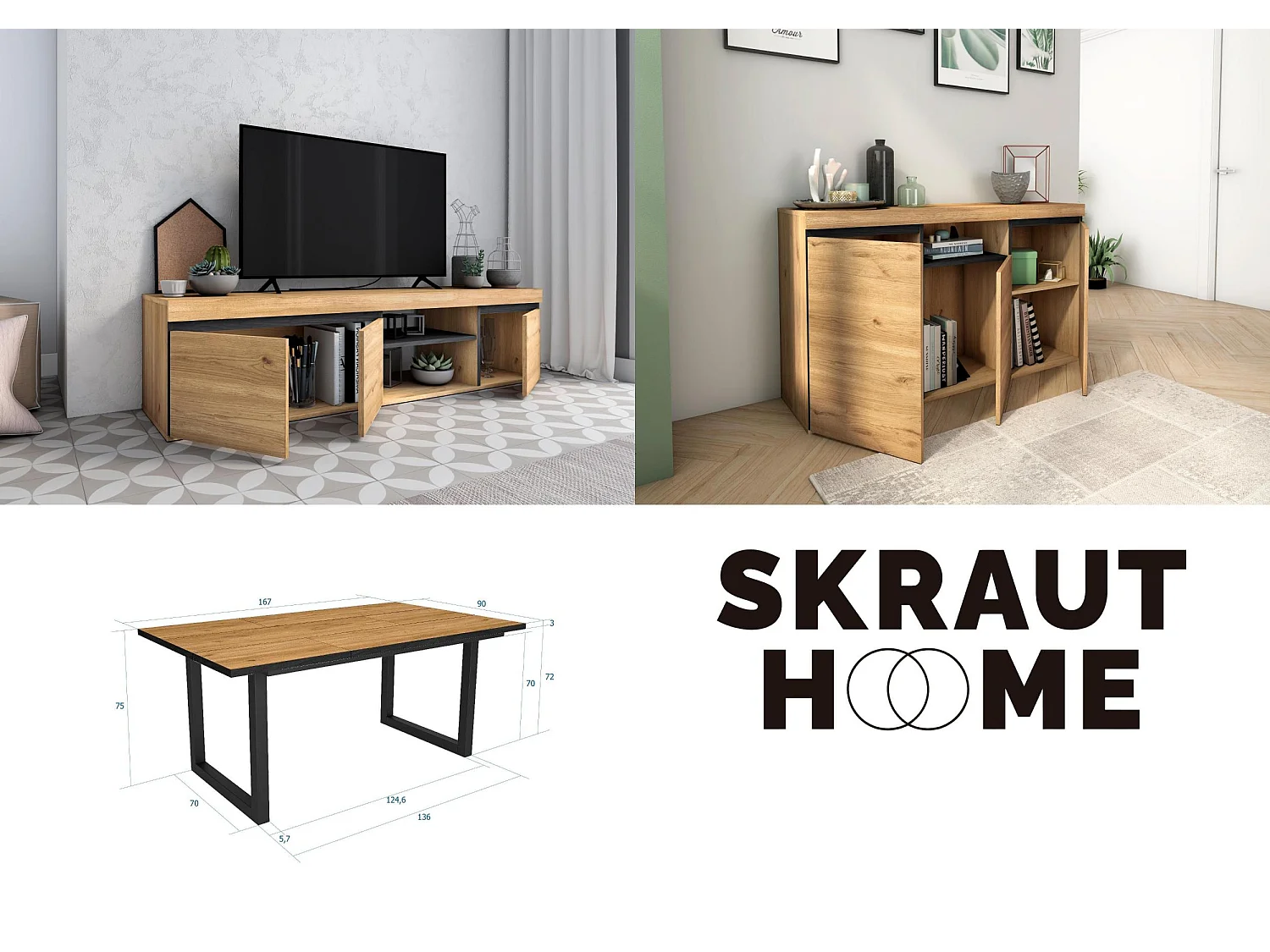 Ensemble de meubles de salon, Table 170 Front Noir pieds U 8 convives, Meuble TV160, Crédence / Buffet 140, Chêne, Noir, Industriel