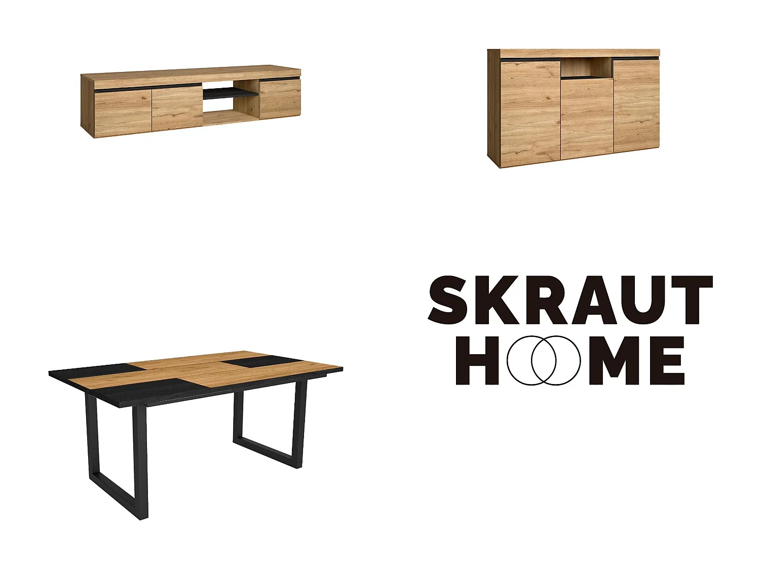 Ensemble de meubles de salon, Table 170 Bicolore pieds U 8 convives, Meuble TV 160, Crédence / Buffet 140, Chêne, Noir, industriel