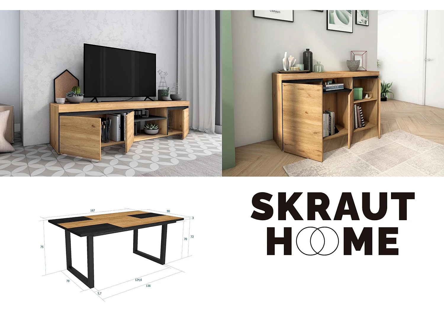 Ensemble de meubles de salon, Table 170 Bicolore pieds U 8 convives, Meuble TV 160, Crédence / Buffet 140, Chêne, Noir, industriel