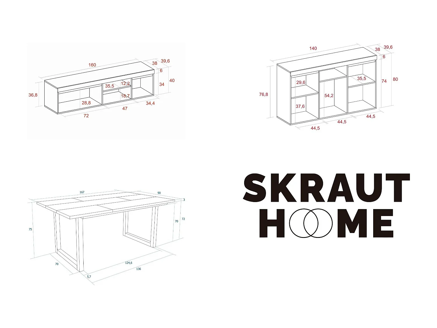 Ensemble de meubles de salon, Table 170 Bicolore pieds U 8 convives, Meuble TV 160, Crédence / Buffet 140, Chêne, Noir, industriel
