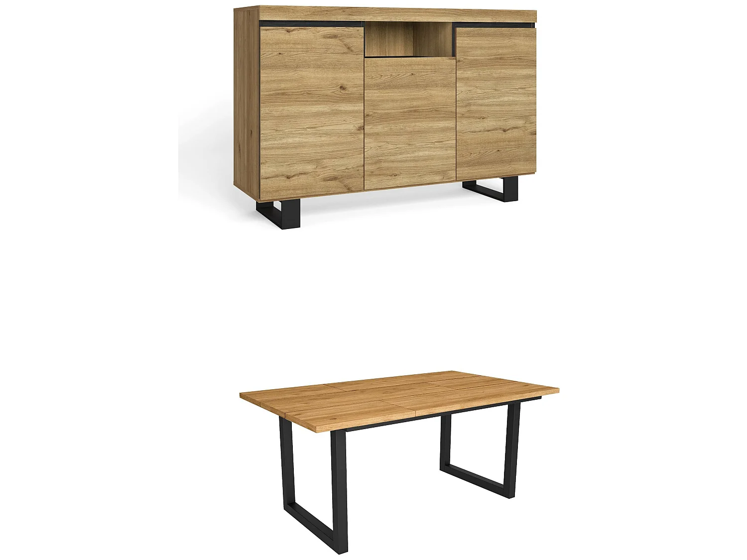 Ensemble de meubles de salon, Table 170 pieds U 8 convives, Crédence / Buffet 140 Tall, Chêne et Noir, Style Industriel