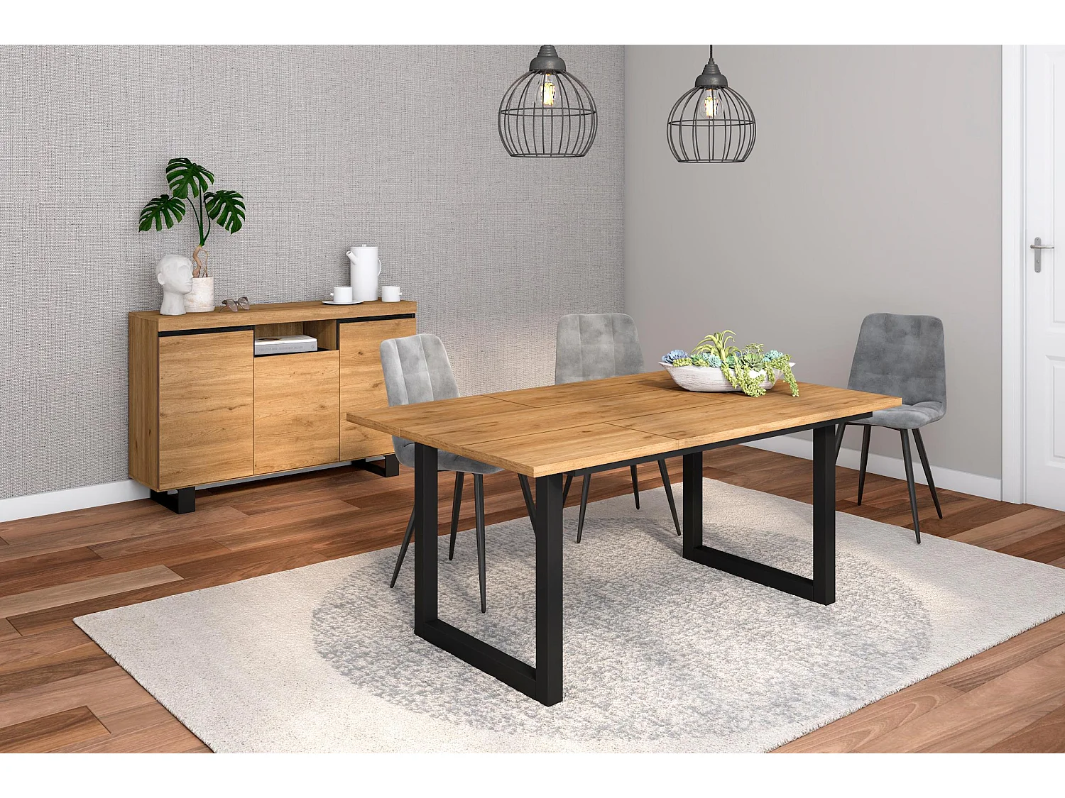 Ensemble de meubles de salon, Table 170 pieds U 8 convives, Crédence / Buffet 140 Tall, Chêne et Noir, Style Industriel